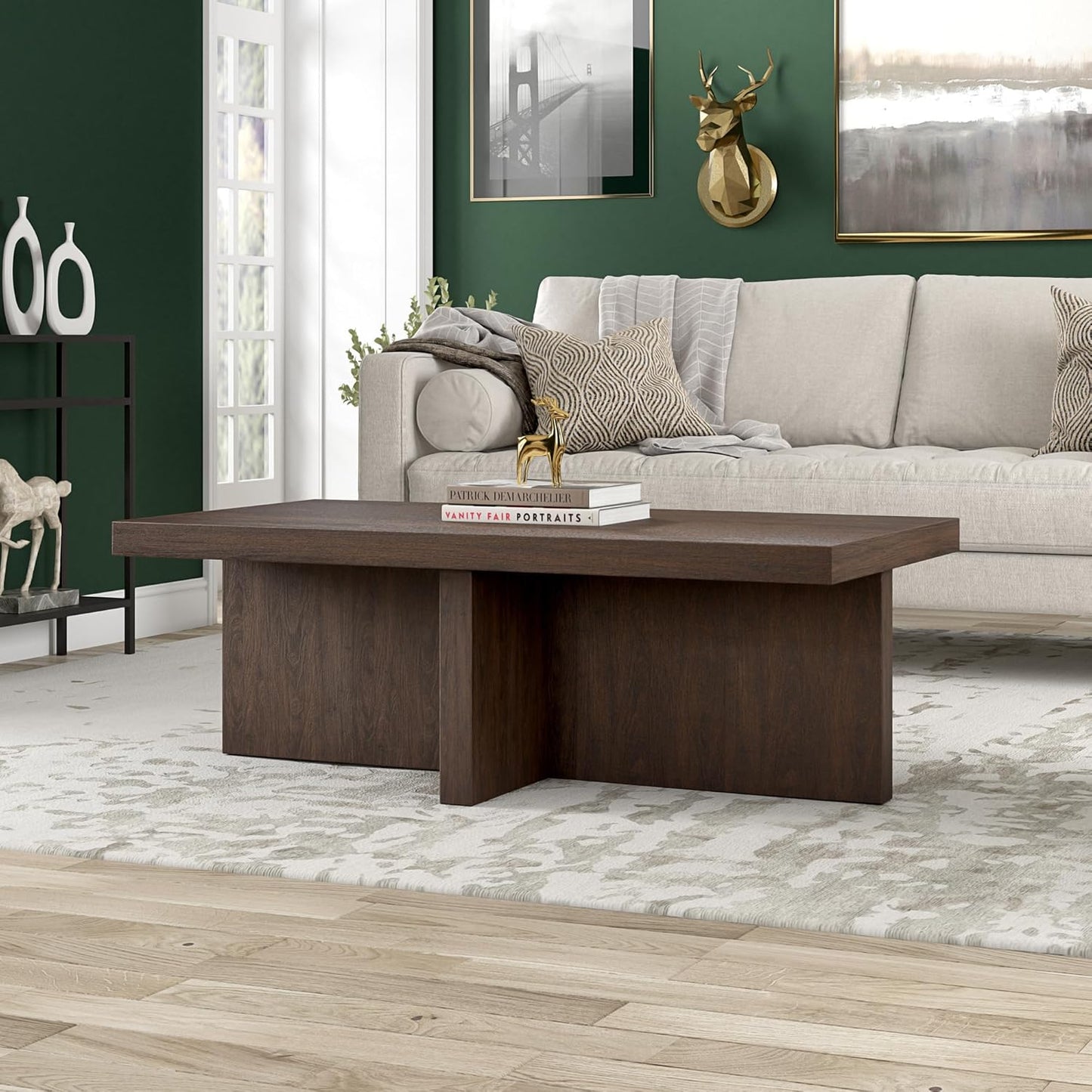 Henn&Hart 44" Rectangular Wood Pedestal Low-Profile Coffee Table for Living Room, Family Room, or Office, Alder Brown