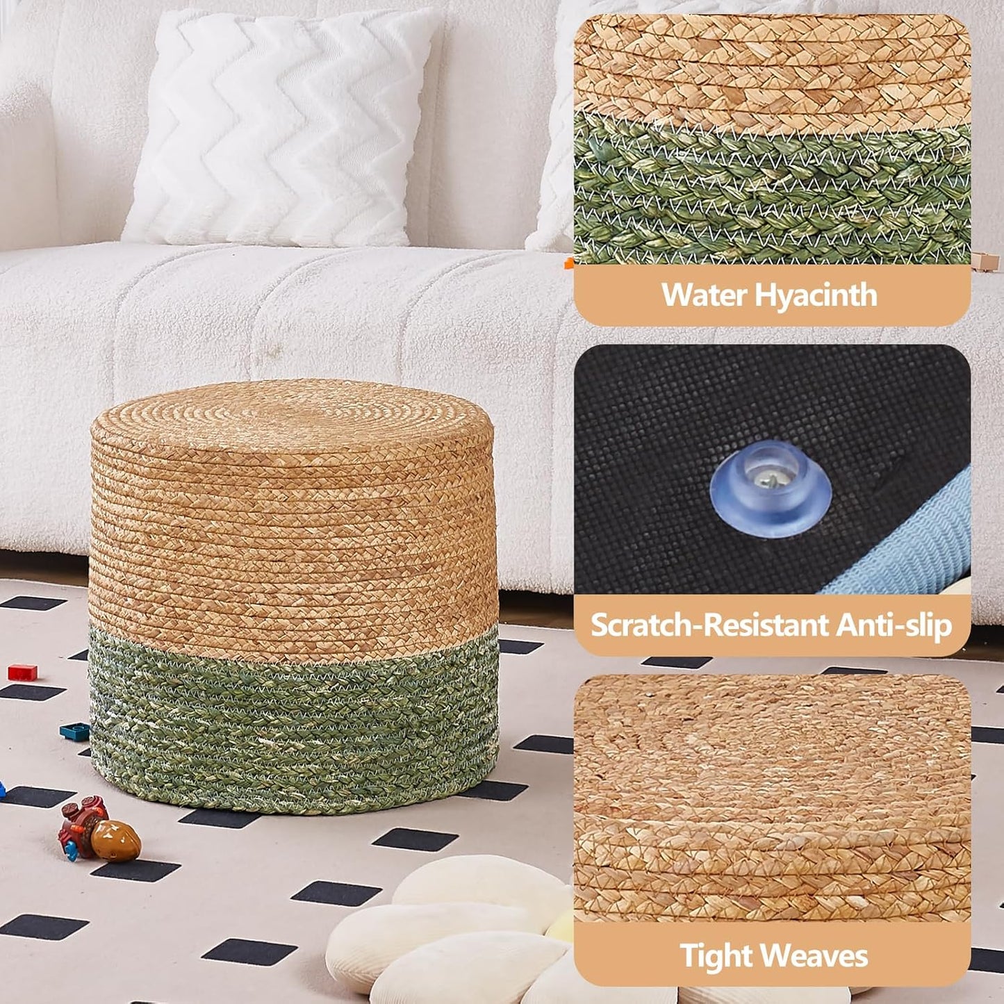 Wimarsbon 18'' Ottoman Pouf, Natural Braided Poof, Rustic Handweave Lounge Pouffe, Boho Footrest Stool for Bedroom, Accent Table for Living Room (Natural Water Hyacinth + Green Corn Husk)