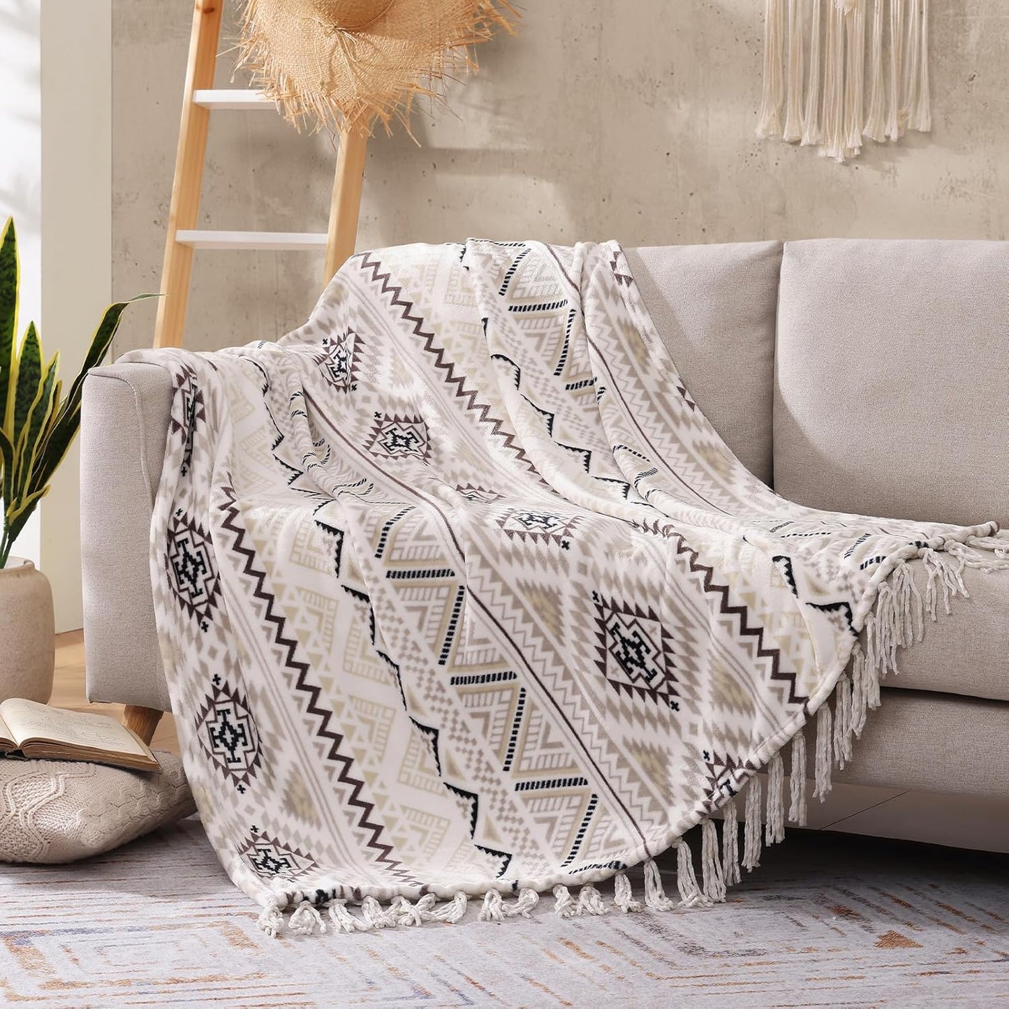 CASAAGUSTO Boho Throw Blanket - Beige and Gray Decorative Blankets with Tassel, Printed Flannel Bohemian Blanket for Chair, Bed, Sofa, Couch(50 * 60, Beige and Gray)