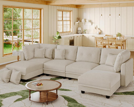 LLappuil Modular Sectional Sofa with Storage, U-Shaped Convertible Sleeper Couch, 6-Seat Oversized Living Room Sofa with 6 Back Cushions & 6 Throw Pillows, Beige Corduroy Fabric