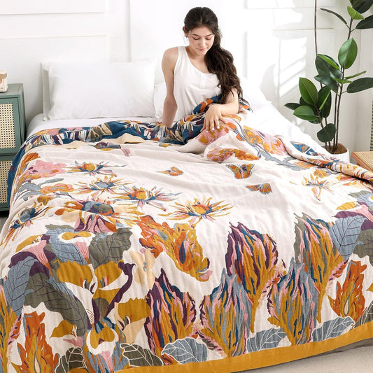 Boho Throw Blanket for Bed - 100% Pure Cotton Ultra Soft Rustic Quilt - Farmhouse Decor Bed Blankets, All Season Rustic Throw for Sofa Couch Chair(60"×80", Floral)