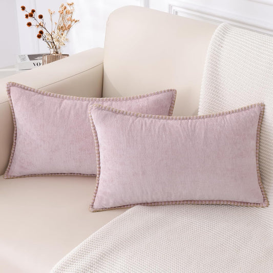 decorUhome Chenille Soft Throw Pillow Covers 12x20 Set of 2, Lumbar Velvet Farmhouse Neutral Decorative Euro Pillow Covers with Stitched Edge for Couch Sofa Bed Home Decor, Blush Pink
