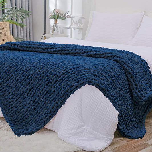 Bigacogo Chunky Knit Throw Blanket for Couch, 60x80 inches, 100% Hand Knitted with Thick Jumbo Chenille Yarn, Cozy Soft Large Rope Knot Cable Crochet Blankets for Sofa Bed Living Room, Navy Blue