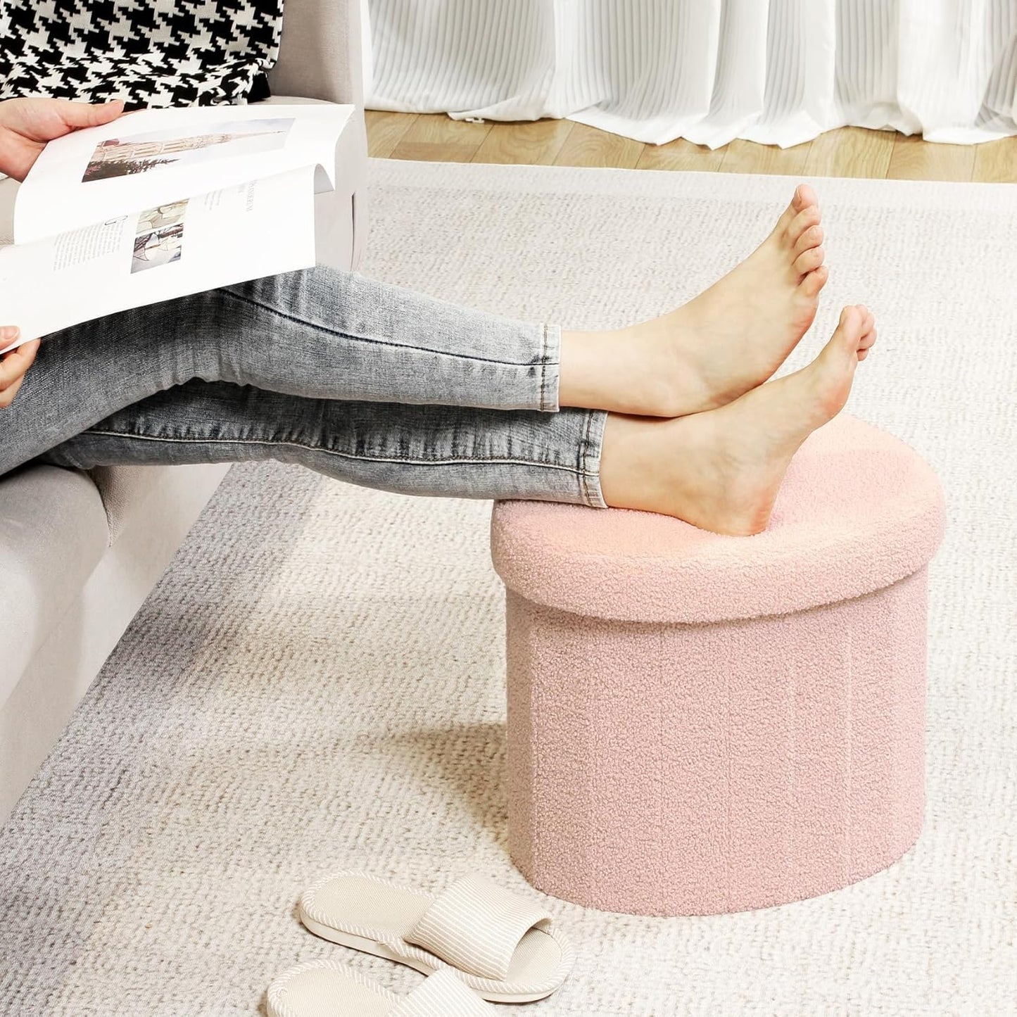 B FSOBEIIALEO Storage Ottoman Cube, Heart Shaped Ottomans with Storage Foot Stool Footrest for Lving Room, Boucle Ottoman Seat for Dorm Room,Faux Teddy Fur, Pink 15"x15"x15"