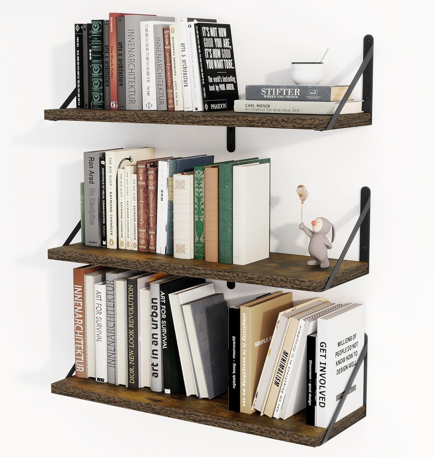 Heimlove 24 Inches Rustic Brown Floating Shelves,8 Inches Deep Wall Bookshelf Mounted Display&Storage Wood Wall Shelves for Kitchen Bathroom Laundry Living Room,Set of 3