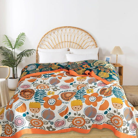 Boho Throw Blanket for Bed - 100% Pure Cotton Ultra Soft Rustic Quilt - Farmhouse Decor Bed Blankets, All Season Rustic Throw for Sofa Couch Chair(80''x 90'', Floral Print 2)