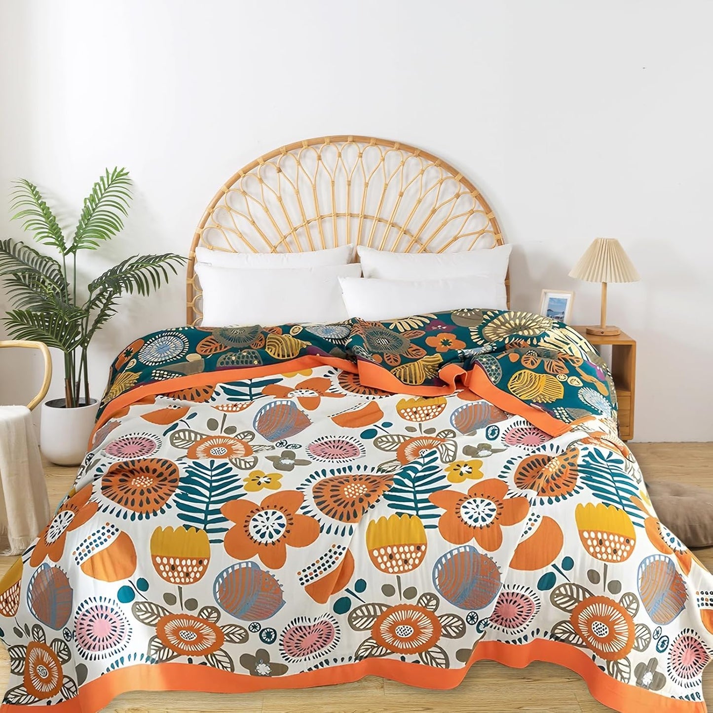 Boho Throw Blanket for Bed - 100% Pure Cotton Ultra Soft Rustic Quilt - Farmhouse Decor Bed Blankets, All Season Rustic Throw for Sofa Couch Chair(91''x 98'', Floral Print 2)