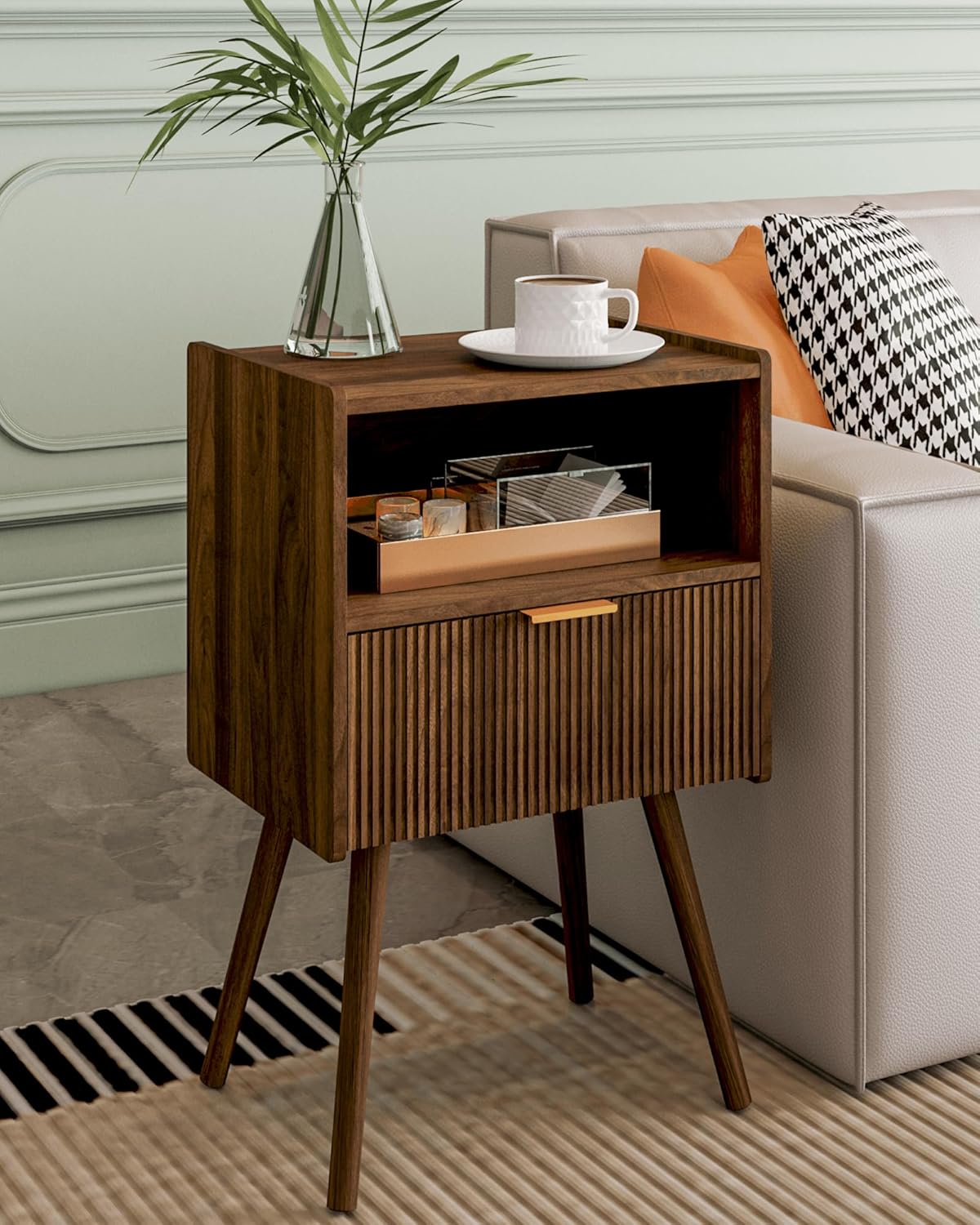 Nightstand,Modern Bedside Table with Storage Drawer and Open Wood Shelf, Accent Night Stand with Solid Wood Legs for Living Room, Bedroom and Small Spaces,Easy Assembly (Walnut Brown)