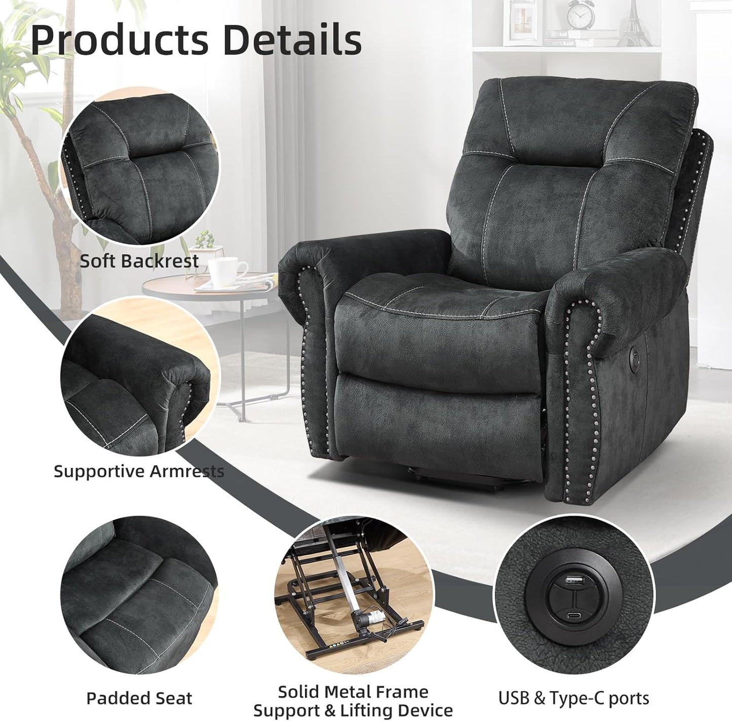 EBELLO Electric Power Recliner Chair with Massage and Heat, Soft Fabric Massage Recliner for Adults, Overstuffed Single Reclining Sofa, Vintage Rivet Mid-Century Design for Living Room, Grey