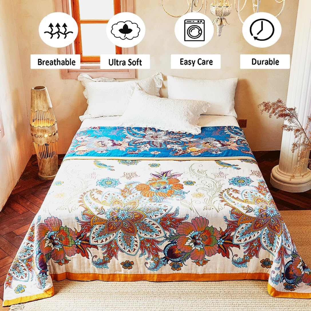 Boho Throw Blanket, 100% Organic Cotton Breathable Ultra Soft Bed Quilt Throw - All Season Floral Bird Butterfly Farmhouse Decor Blanket for Sofa Couch Chair and Gift. 60" x 80"