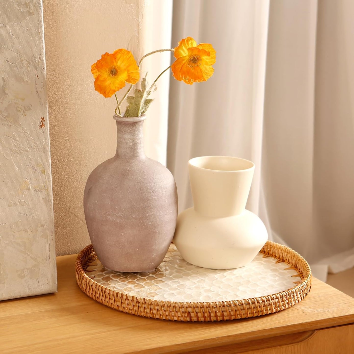 Round Rattan Tray with Mother of Pearl Inlay & Wooden Base - Decorative Wicker Serving Tray for Coffee/Bread/Fruits, Food Storage & Display - Multipurpose Home Decor (L,Fish Scales)