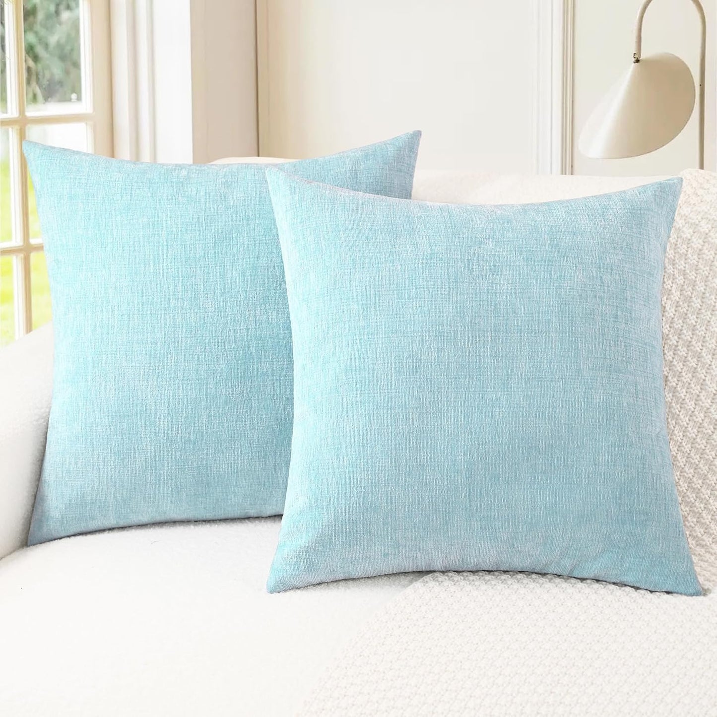 CaliTime Throw Pillow Covers Decorative 18 X 18 Inches Pack of 2 Cozy Chenille Cushion Cases for Couch Sofa Bed Living Room Home Light Blue Grey
