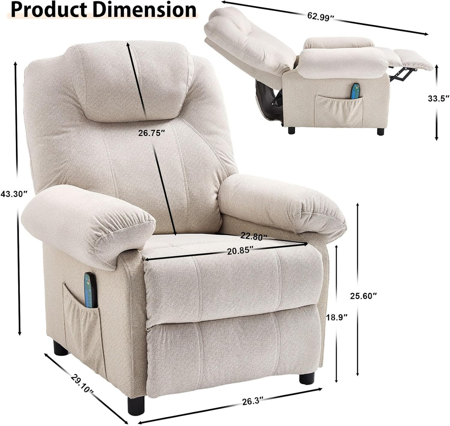 KCREAM Massage Chair Recliner with Heating,Recliner Chair for Adults,Small Recliners for Small Spaces Overstuffed Reclining Chairs Single Sofa Recliners with Side Pocket for Living Room,Fabric Beige