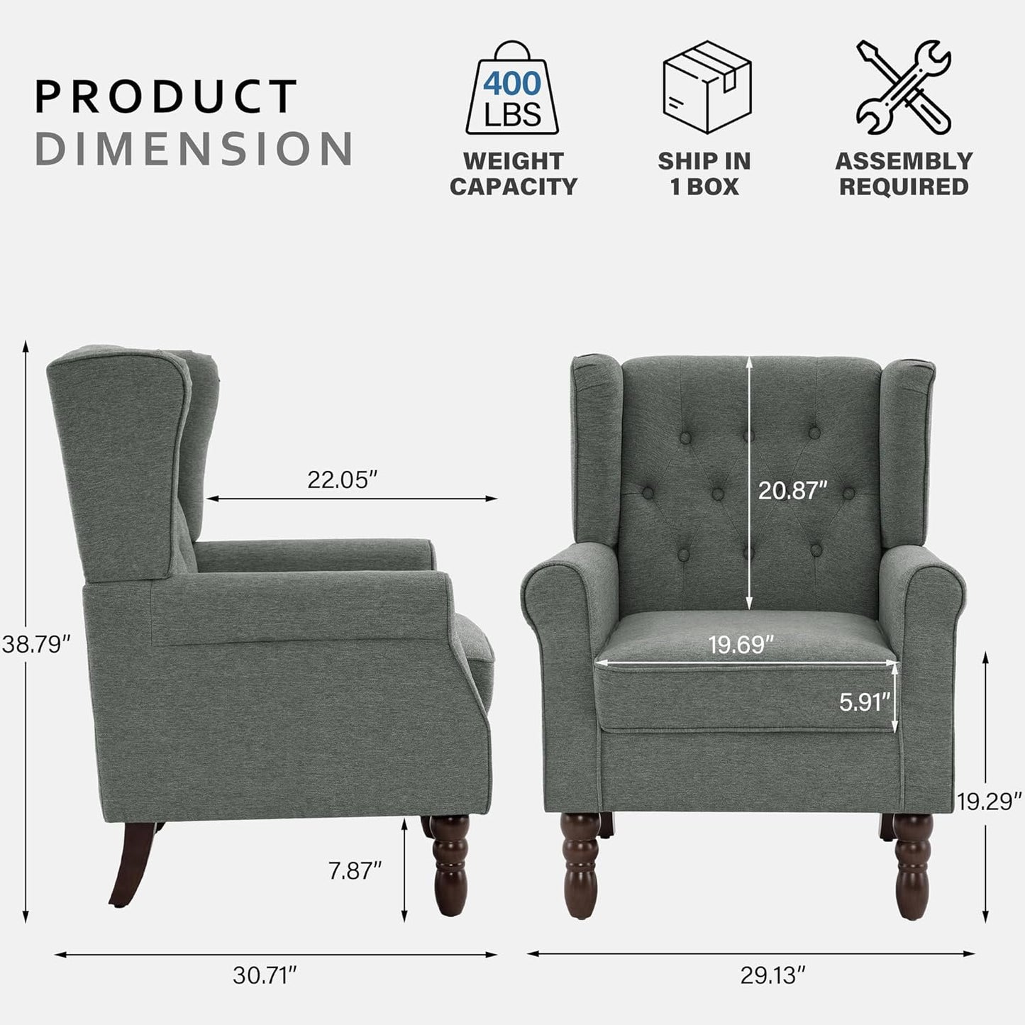 Lumibee High Back Accent Chair Set of 2,Upholstered Wingback Armchair with Solid Wood Legs for Small Spaces,Comfy Single Sofa Chair for Living Room,Bedroom,Office-Gray