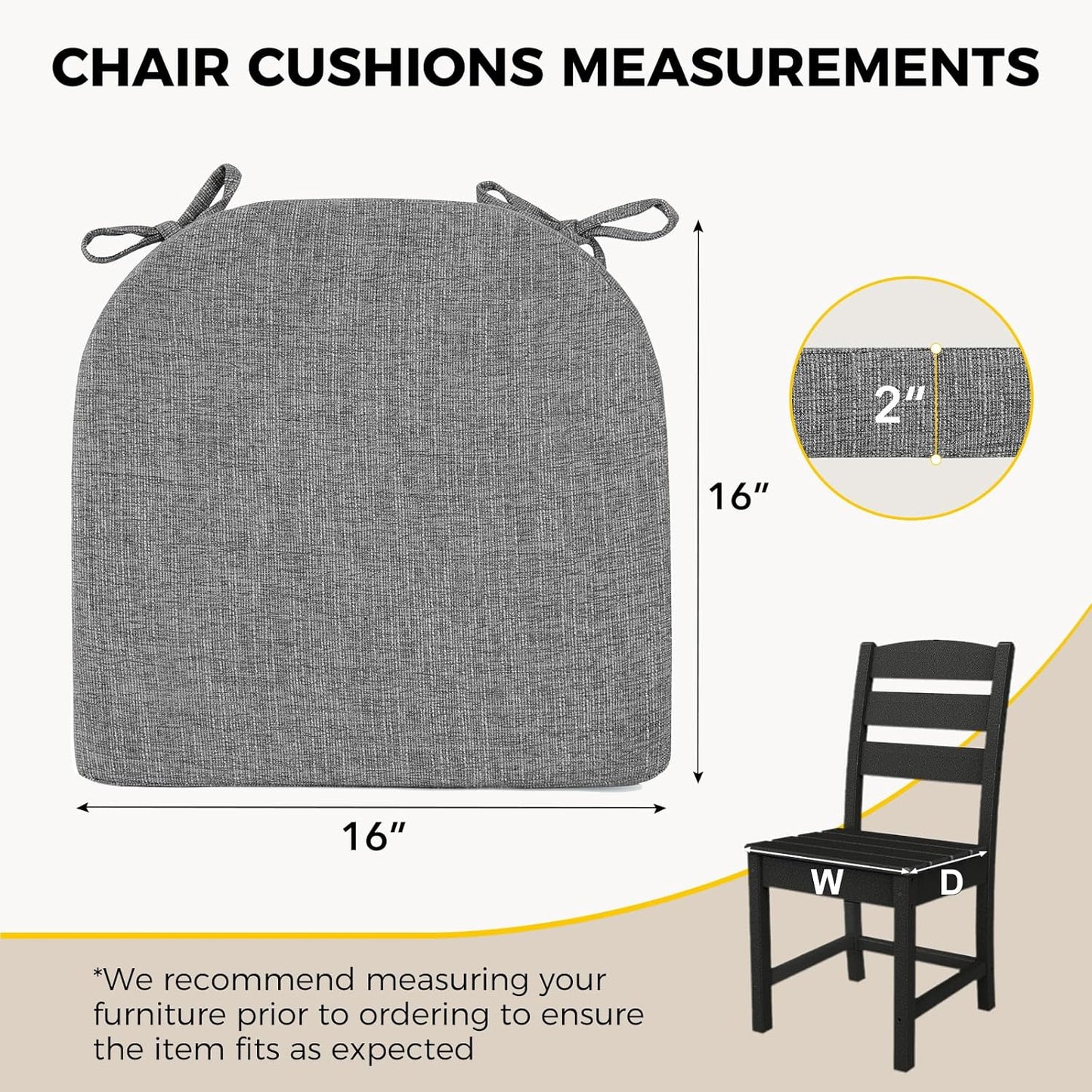 downluxe Indoor Chair Cushions for Dining Chairs, Soft and Comfortable Textured Foam Kitchen Chair Pads with Ties and Non-Slip Backing, 16" x 16" x 2", Dark Grey, 6 Pack
