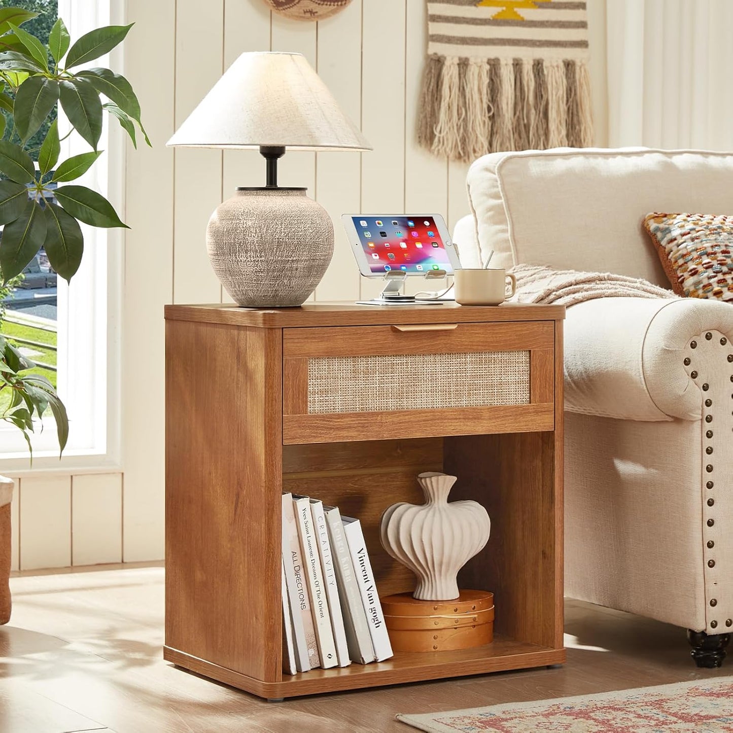 LEYAOYAO Boho Rattan Coffee Table Sets 3 Pieces, Nightstand with Charging Station and Coffee Table with Hidden Storage Compartment, Brown Living Room Table Set, Wood Furniture Sets for Home Office