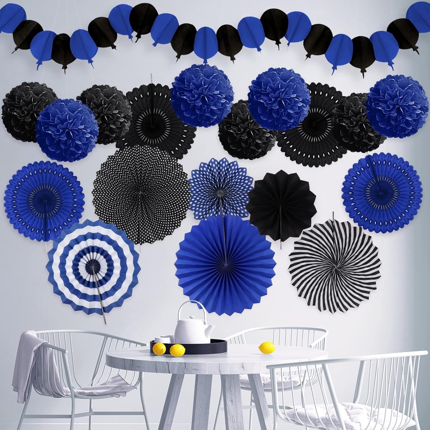 Party Decorations, Black Navy Blue Papar Fans Pompoms Garlands for Men Boy Fathers Day Graduation Wedding Birthday Party Decoration