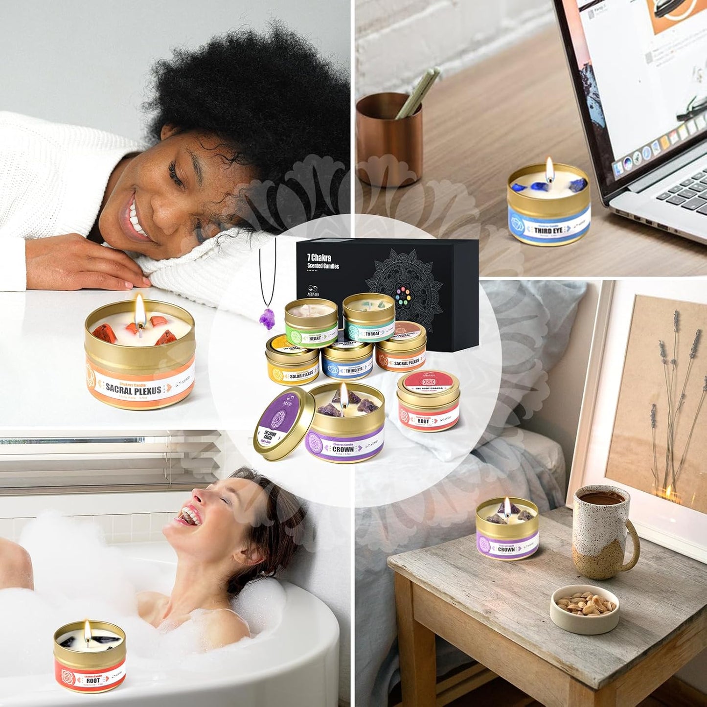 AOOVOO Chakra Candles with Healing Crystals - 7 Chakra Candle Set, Spiritual Gifts for Women, Aromatherapy Candle, Soy Candles for Women