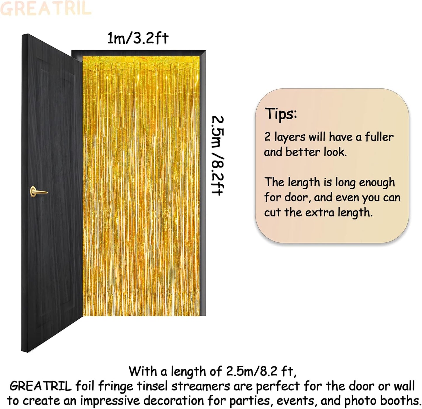 Gold Fringe Curtain Tinsel Backdrop - GREATRIL Foil Fringe Curtain Party Streamers for Prom 2026 NYE New Years Eve Birthdays Christmas Theme Party Decorations Pack of 2