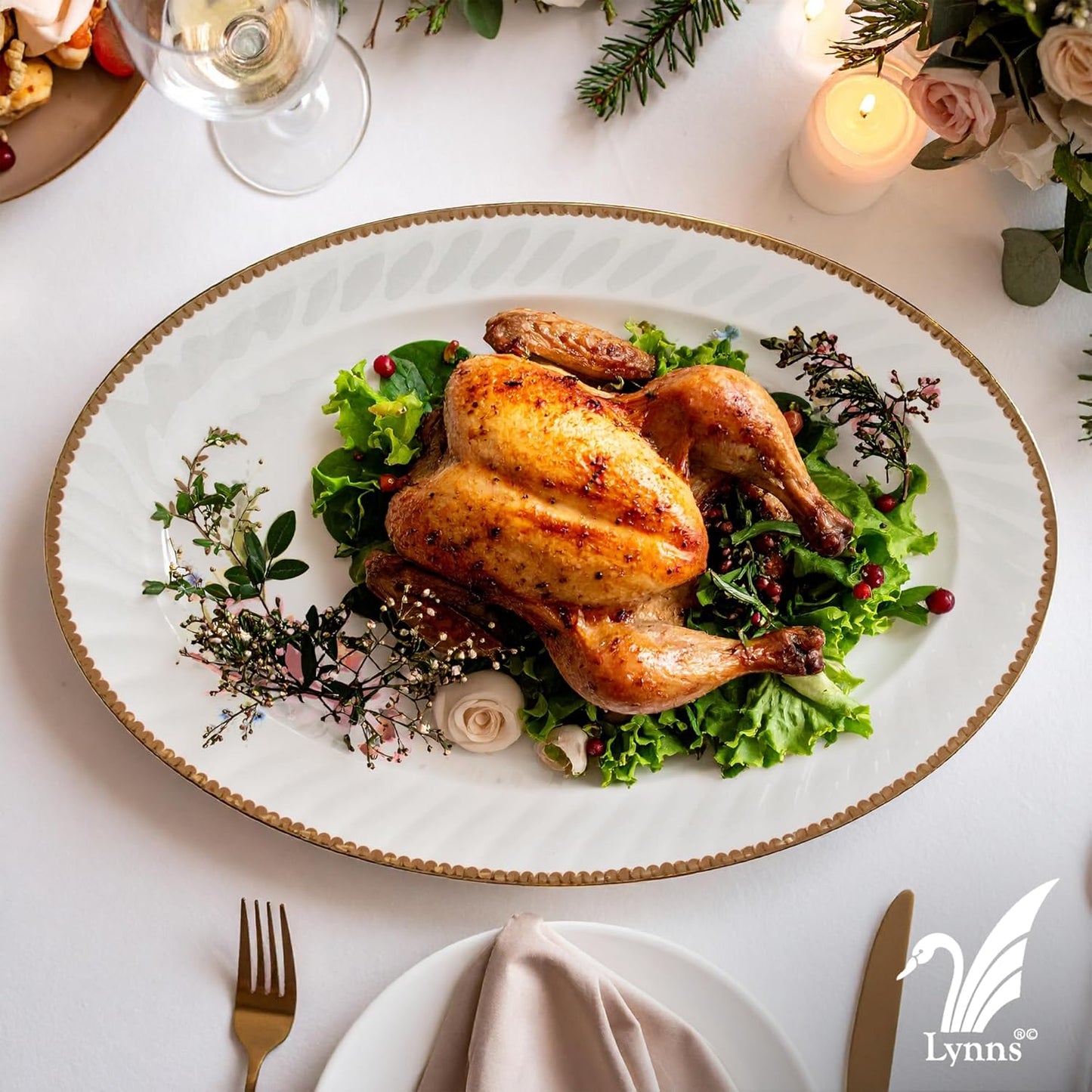 Lynns Paradise Timeless Rose 14-Inch Oval Platter, Set of 2, Pink; Heavy Duty; Chip Resistant; Lead and Cadmium Free; Freezer to Oven Safe up to 500°F