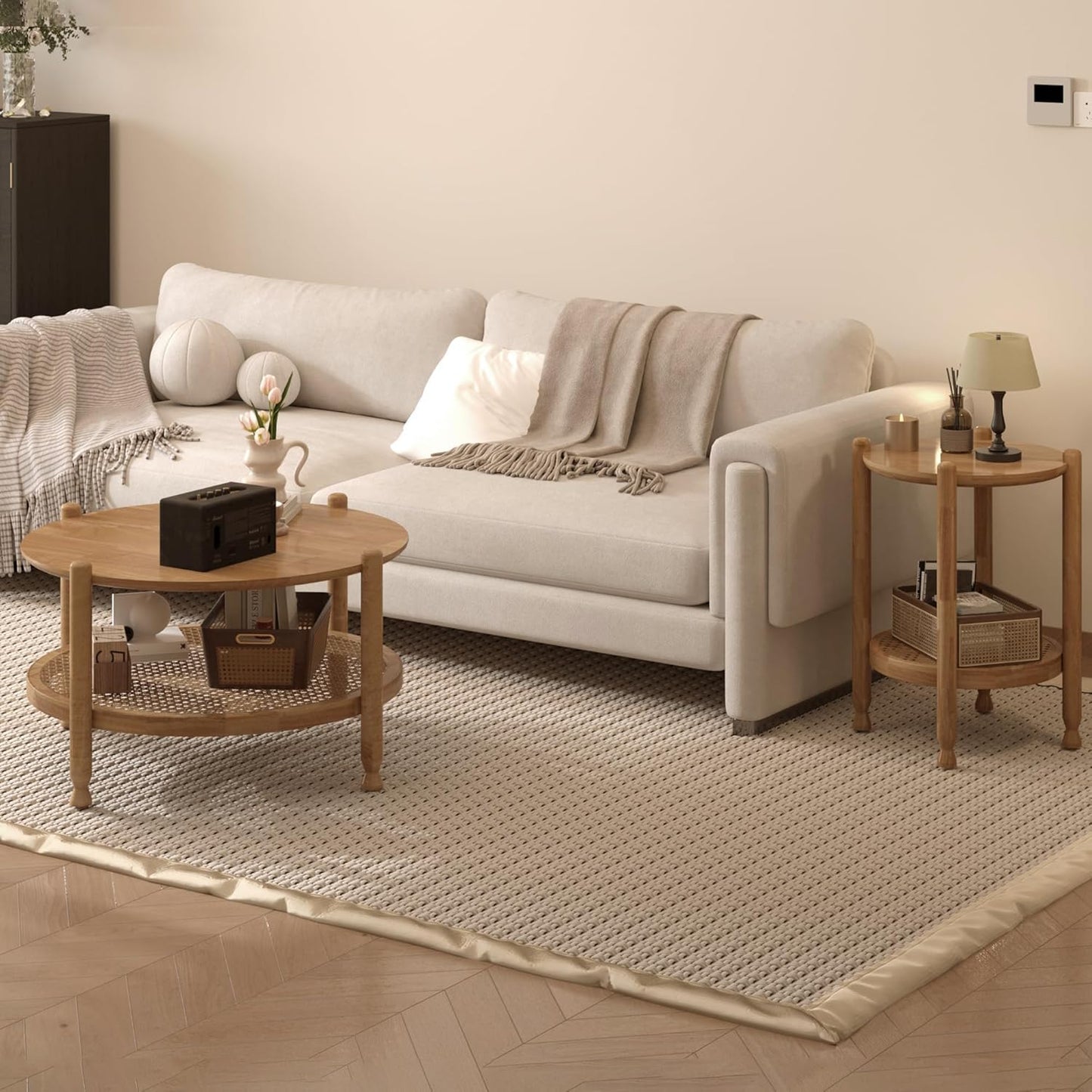 NSdirect Round End Table for Living Room, 2-Tier Rustic Wood Center Table for Home Decor with Boho Woven Rattan Storage Shelf | Modern Farmhouse Design, Easy Assembly, Oak