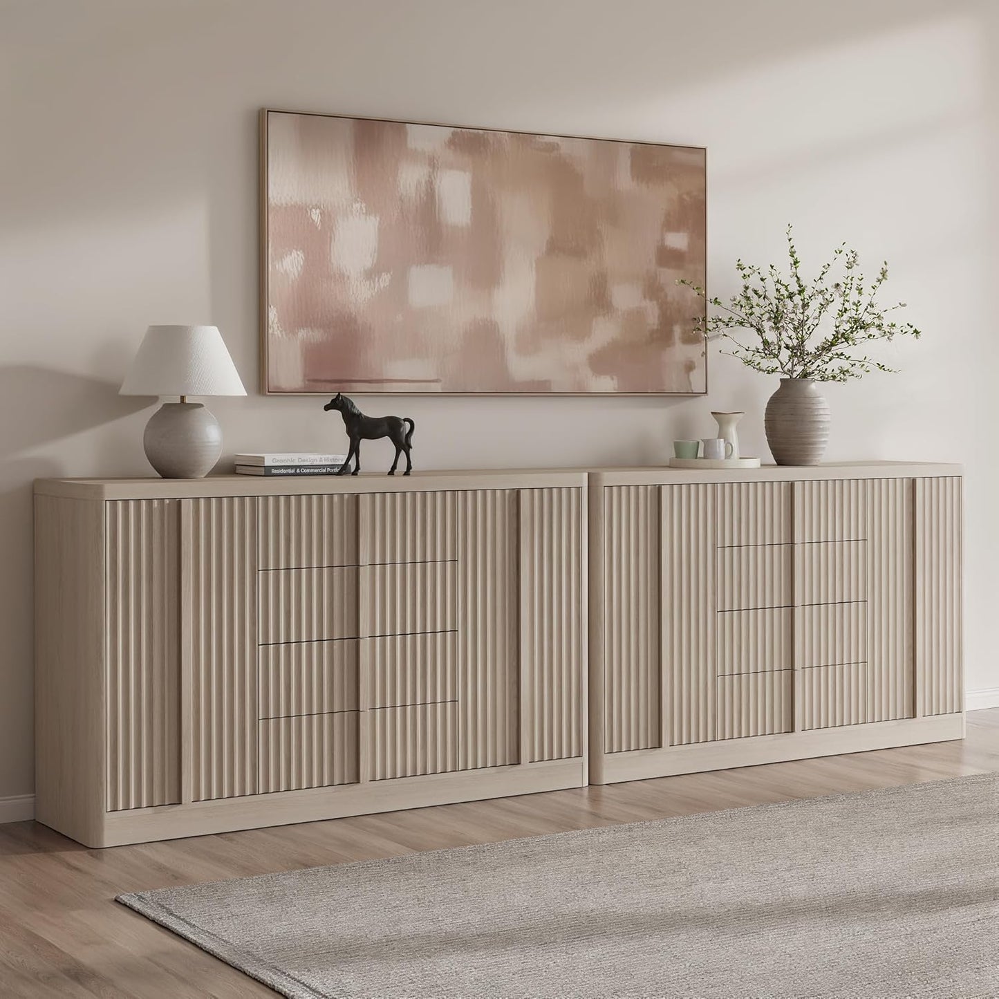 Buffet Cabinet with Storage, 120"Fluted Coffee Bar with 8 Drawers & 4 Doors, Modern Sideboard Buffet with Solid Wood Handle, Credenza Storage Cabinet for Kitchen Living Dining Room, Natural Oak(2PCS)