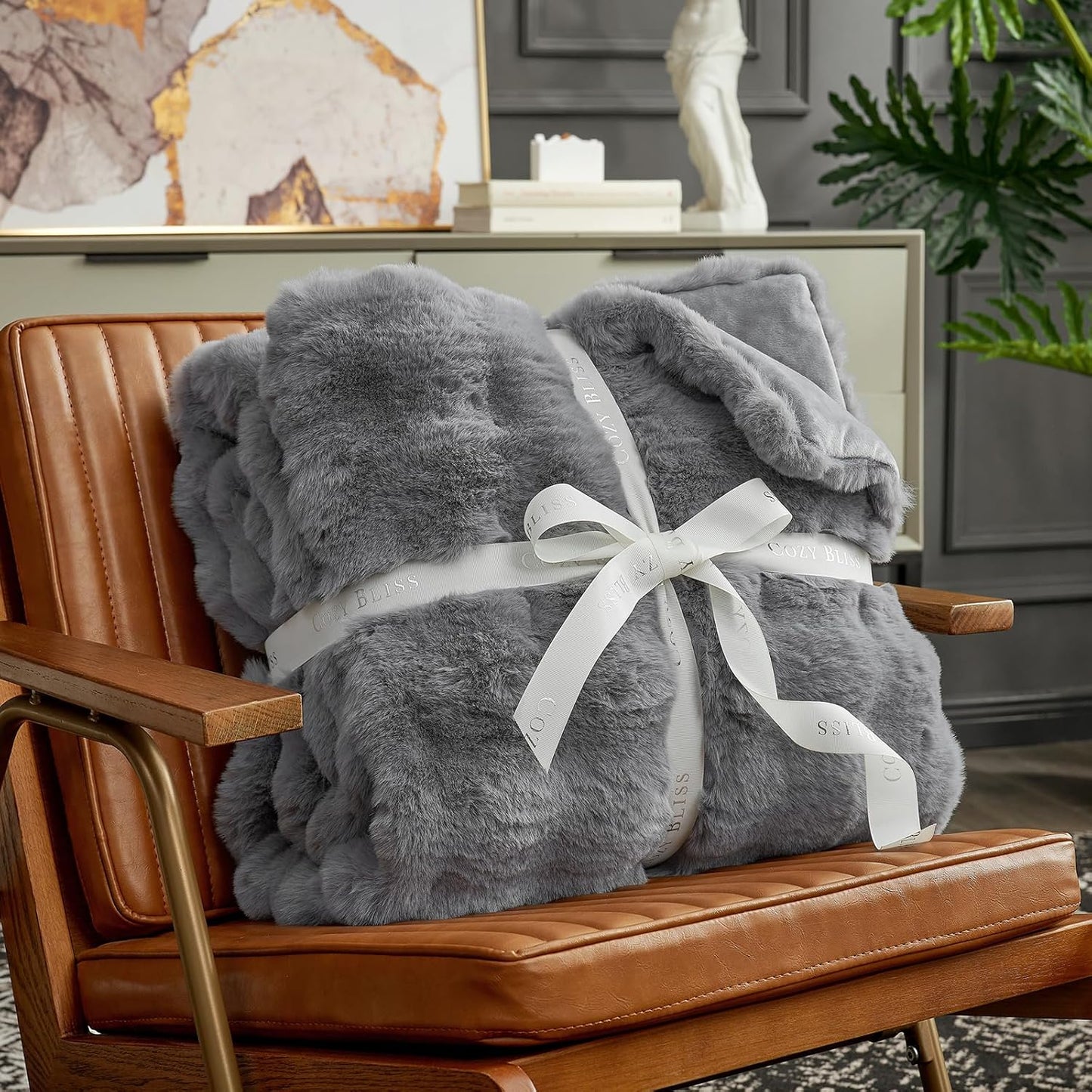 Cozy Bliss Faux Fur Throw Blanket for Couch, Fuzzy Soft Plush Thick Bubble Blanket for Sofa Bedroom Living Room, 60 * 80 Inches Light Grey