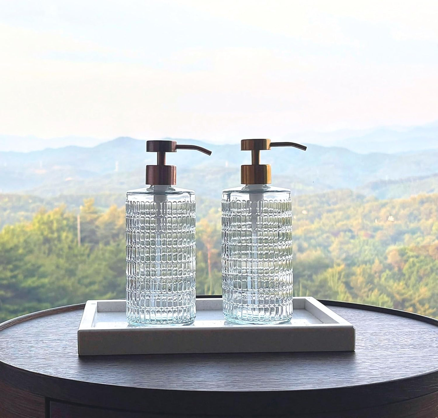 Lunestella Elegant Fluted Glass Dispenser with Stainless Steel Pump, 17oz, Decorative Bottle for Bathroom and Kitchen (Copper)