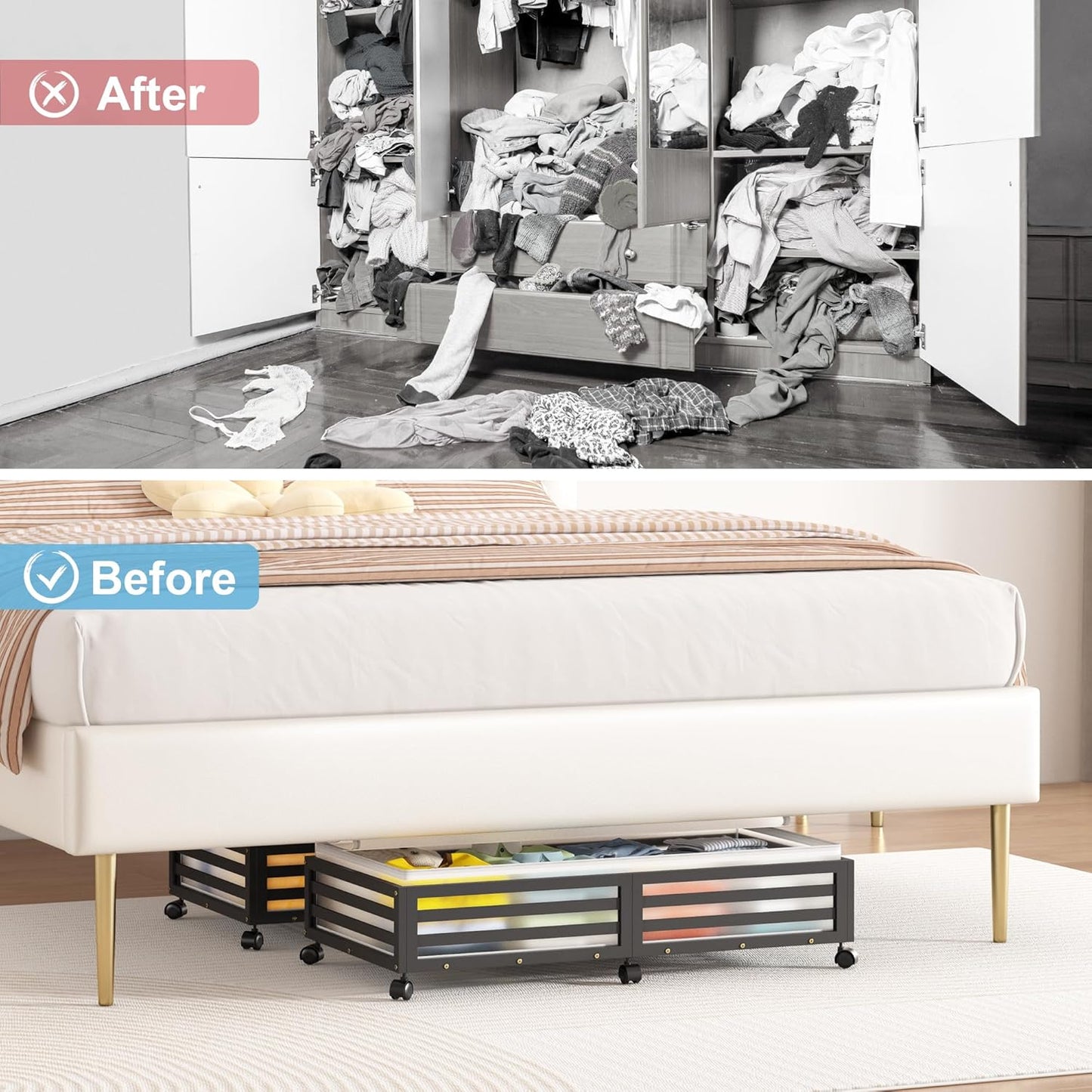 Under Bed Storage with Wheels-Large Bamboo Underbed storage Containers with Large Dust Bag Stackable Under the Bed Shoe Storage Bins for Clothes Books Bedding (2 Packs Black, 33.07"L×16.54"W× 6.5"H)