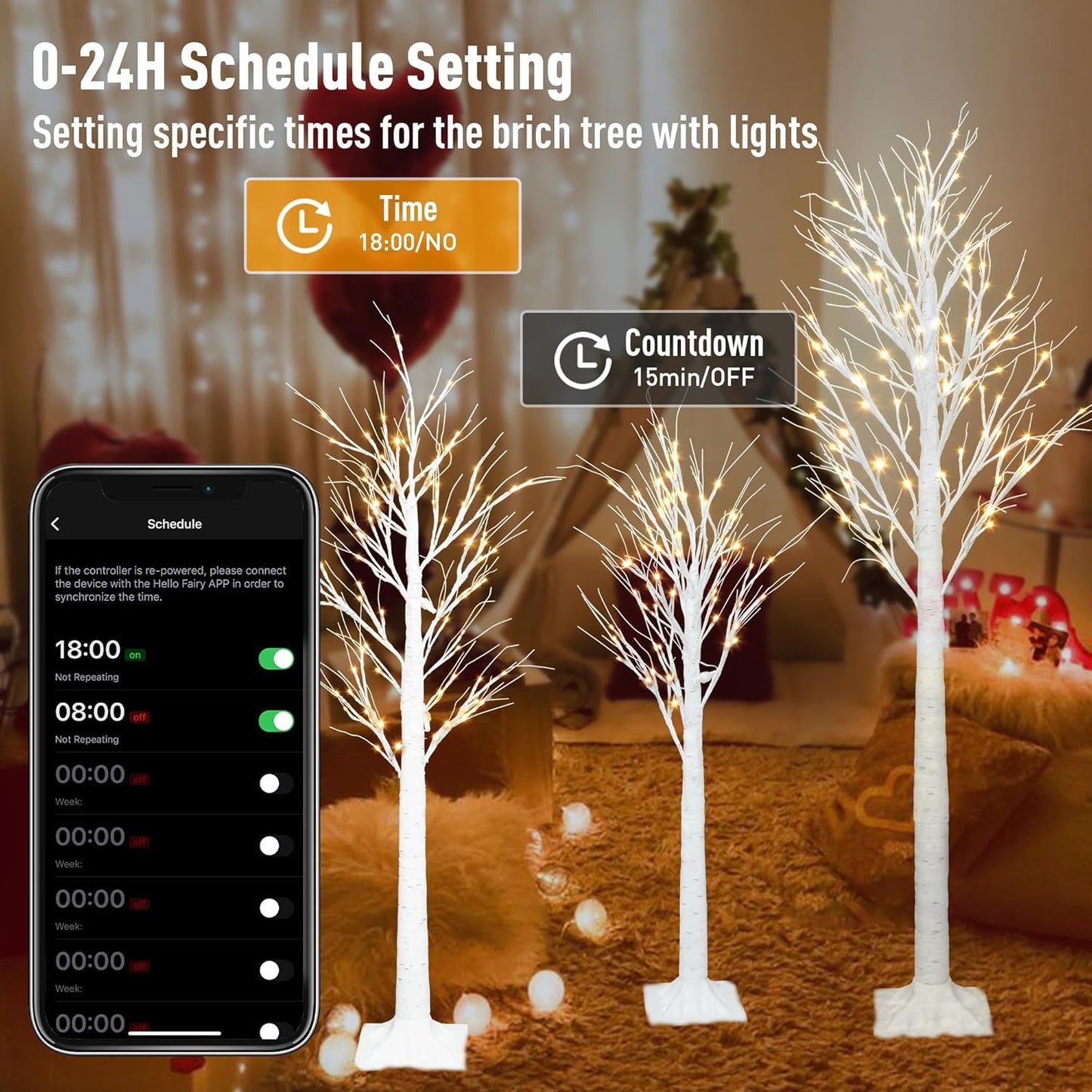 Smart Lighted Birch Trees 4FT 5FT 6FT, App Control, 18 Modes, Schedule, Dimmable, Warm White LED Lights, Waterproof Music Sync Star Light Tree Set for Indoor Outdoor Home Christmas Holiday Decorations