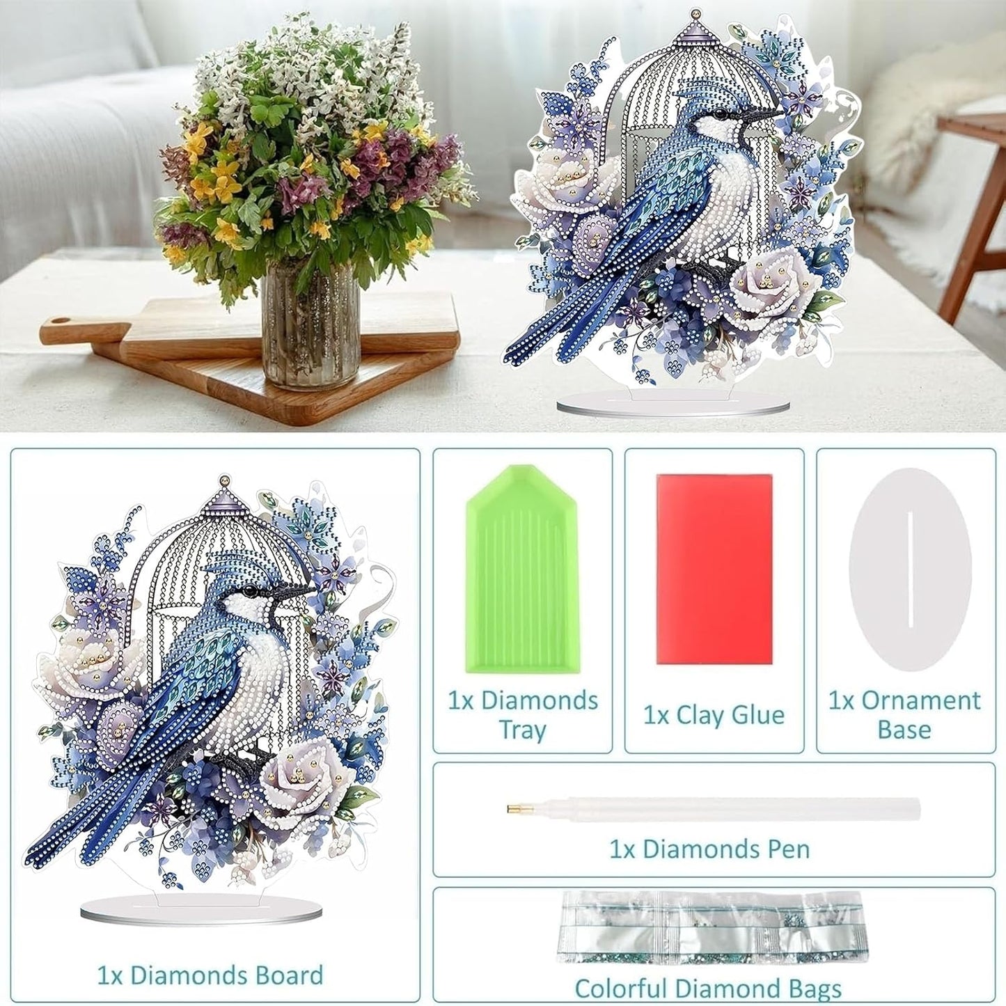 Diamond Painting Kits for Adults Beginners, 5D Full Drill Bird Crystal Art Desktop Ornament, DIY Single Sided Home Office Desk Decor, Creative Craft Gift Set with Tools