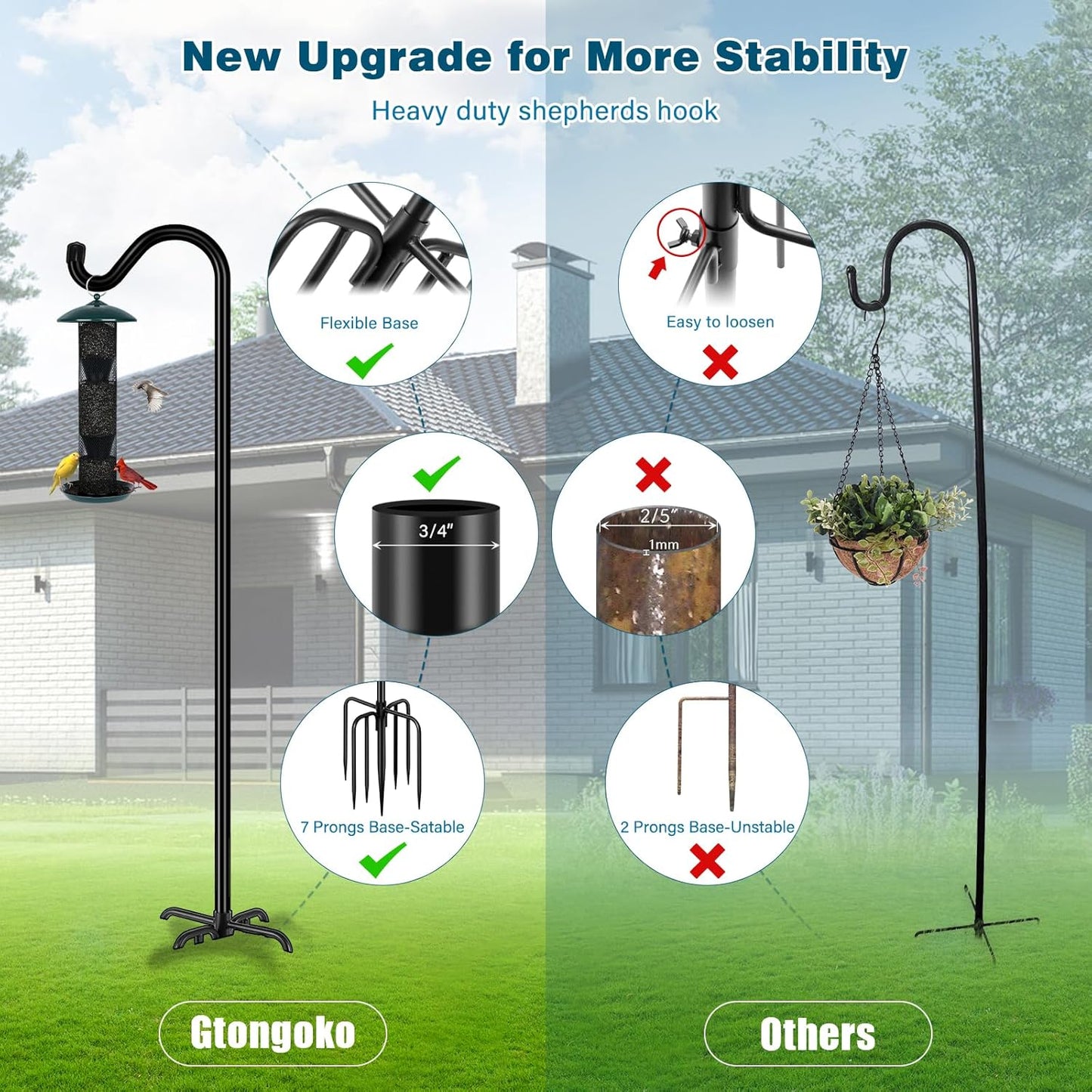 Gtongoko Shepherds Hook for Outdoor, 76 Inch Bird Feeder Pole with 7 Prongs Base, 3/4 Inch Thick Heavy Duty Adjustable Garden Hook for Hanging Plant, Hummingbird Feeder, Lantern, 2 Pack
