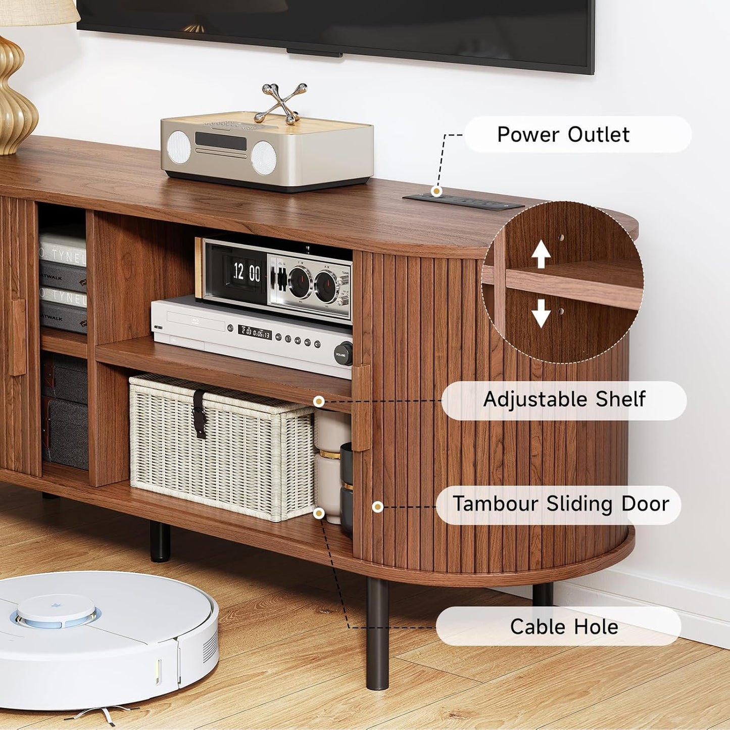 63" TV Stand with Power Outlet, Modern Media Console with Sliding Doors, Entertainment Center for TVs up to 60 Inch, Adjustable Shelves, Walnut