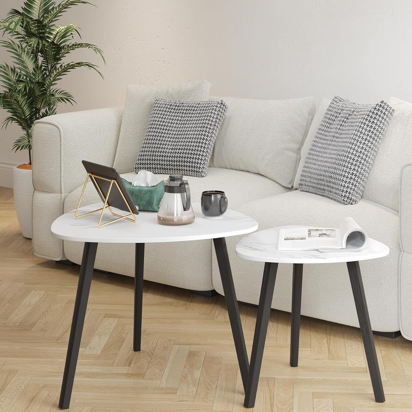 BAMEOS Bamboo Nesting Triangle End Table,Set of 2 Coffee Table Modern Minimalist Side Table for Living Room (Marble White)