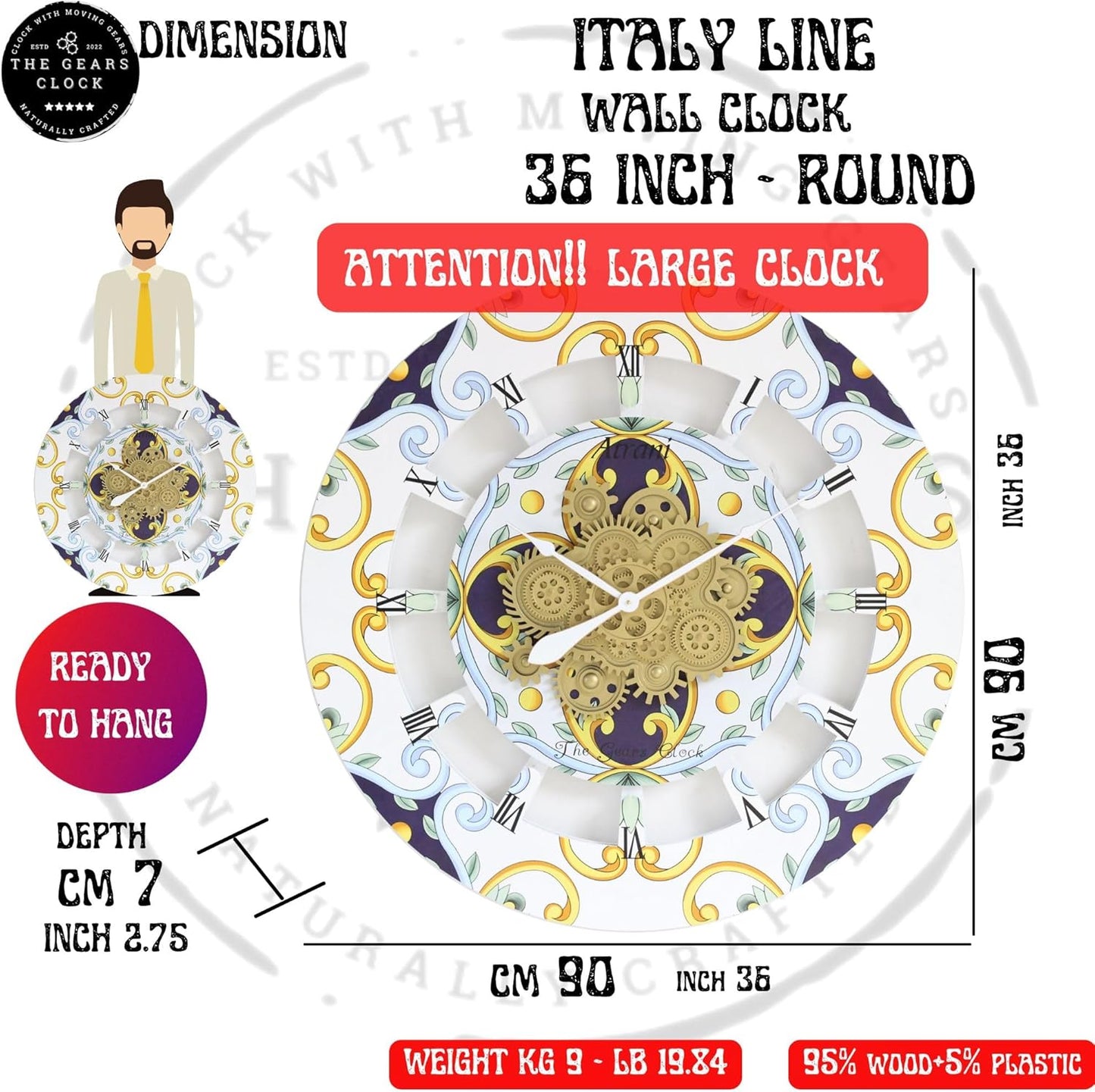 The Gears Clock Wall Clock Italy Collection with Moving Gears (Vietri, 36 inch Round)