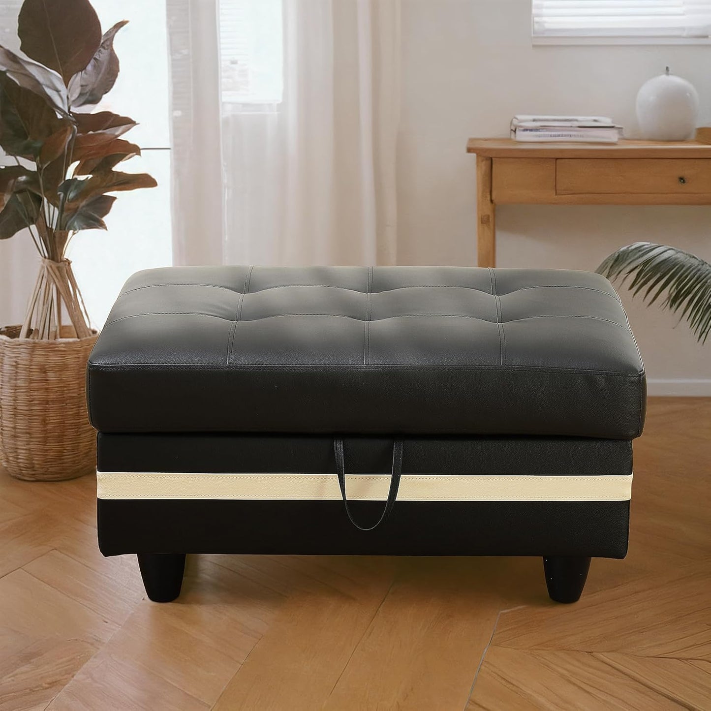 Ottoman Rectangular Storage Ottoman Bench, Faux Leather Footrest, Coffee Table, Stool Footstool with Hinged Lid for Living Room, Bedroom, Entryway, Black with White Strip, 35"x23.5"x17.5"