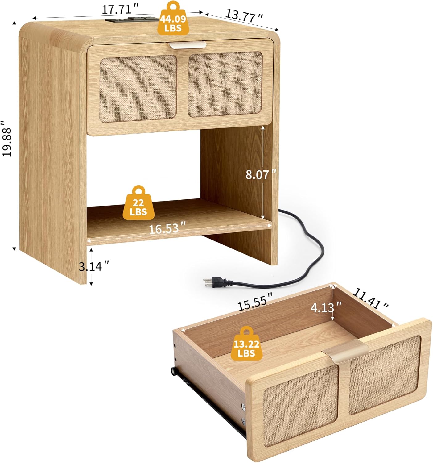 LEVNARY Nightstand with Charging Station, Mid-Century Modern Bedside Table with Curved Top Corners and Fabric-Like Textured Drawer, Wooden End Table for Farmhouse Bedroom Living Room (1, Natural)