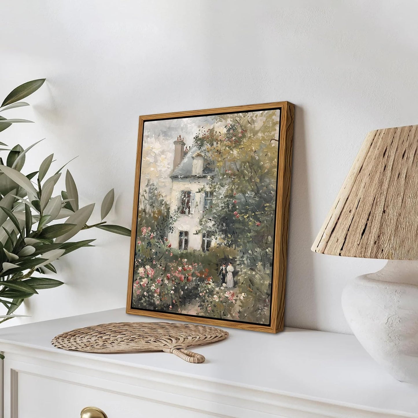 Floating Framed Canvas Vintage Wall Art, Neutral English Cottage Rose Garden Oil Paintings Print, Spring Pictures Wall Decor for Living Room Hallway Bedroom Office Rustic Decor 8x10 inch