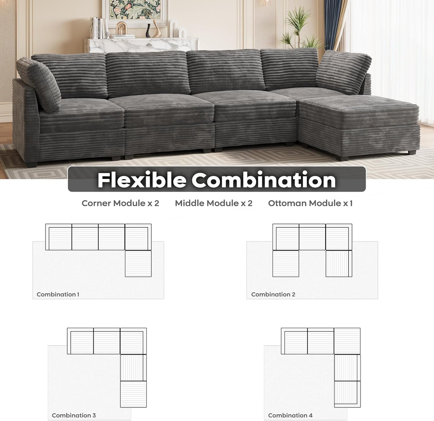 ovios Sectional Sofa Couch with L-Shape Chaise Ottoman, Comfy Modular Cloud Couches with Deep Seat, Modern Upholstered Plush Corduroy Sofas Set for Living Room, 5-Seater, Grey