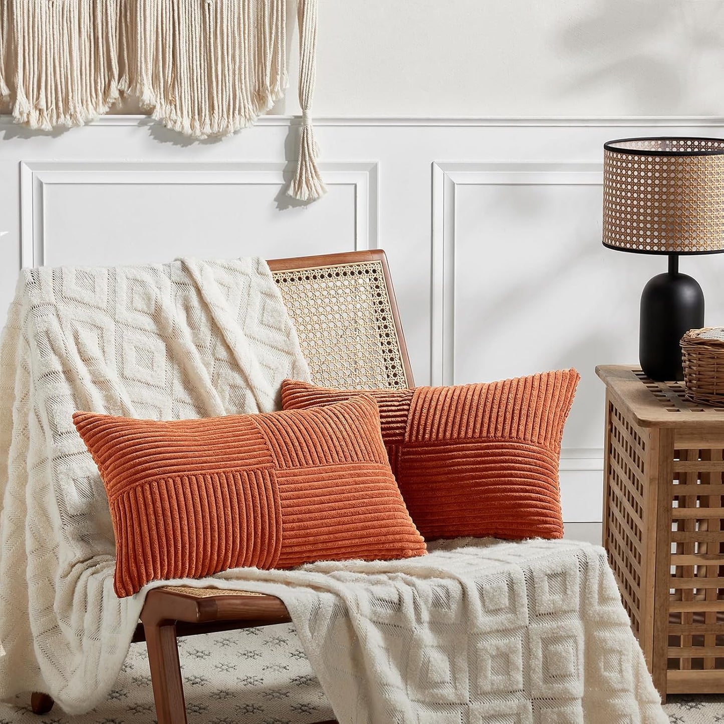 Fancy Homi Set of 2 Burnt Orange Lumbar Decorative Throw Pillow Covers 16x28 Inch for Living Room Couch Bed, Boho Farmhouse Fall Home Decor, Soft Corduroy Corss Patchwork Cushion Case 40x70 cm