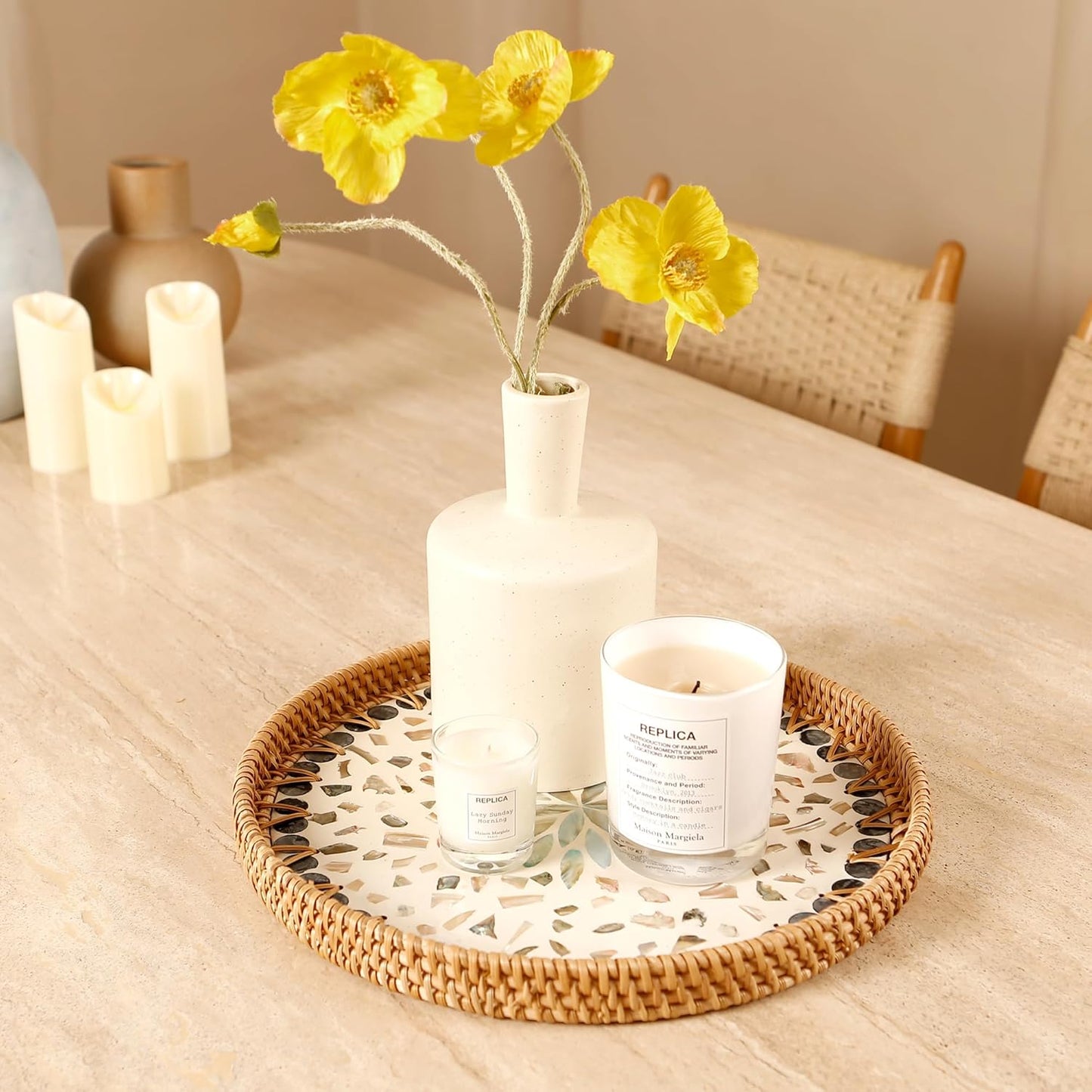 Round Rattan Tray with Mother of Pearl Inlay & Wooden Base - Decorative Wicker Serving Tray for Coffee/Bread/Fruits, Food Storage & Display - Multipurpose Home Decor (L,Blue Shells)