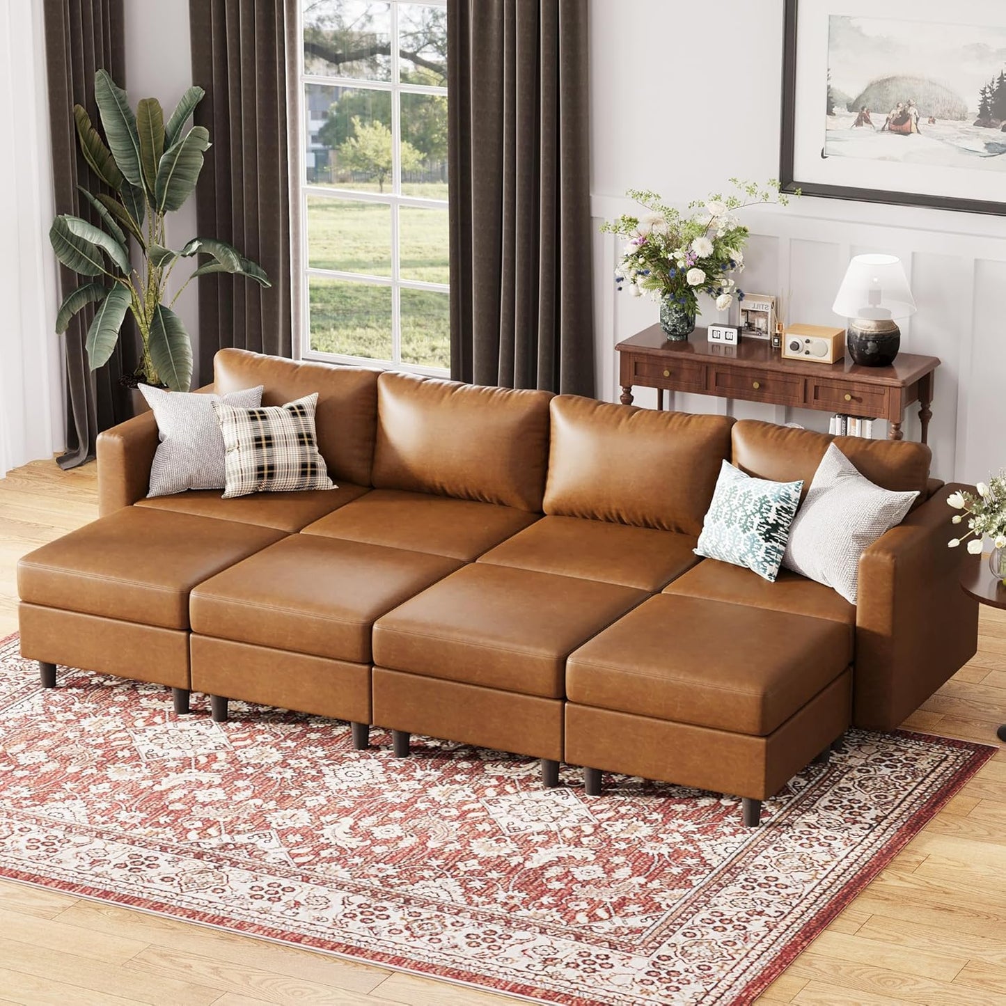 118.5" Luxury Modular Sleeper Sofa Bed with Storage Seat, 8 Seat Sectional Couch Deep Seat with Reversible Chaises & Removable Cover - Brown Faux Leather