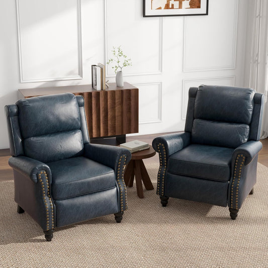 UIXE Faux Leather Recliner Chairs Set of 2, Pushback Armchair Overstuffed Accent Chair for Living Room, Rivet Trim Club Chair Home Theater Bedroom Reading Seat - Navy Blue