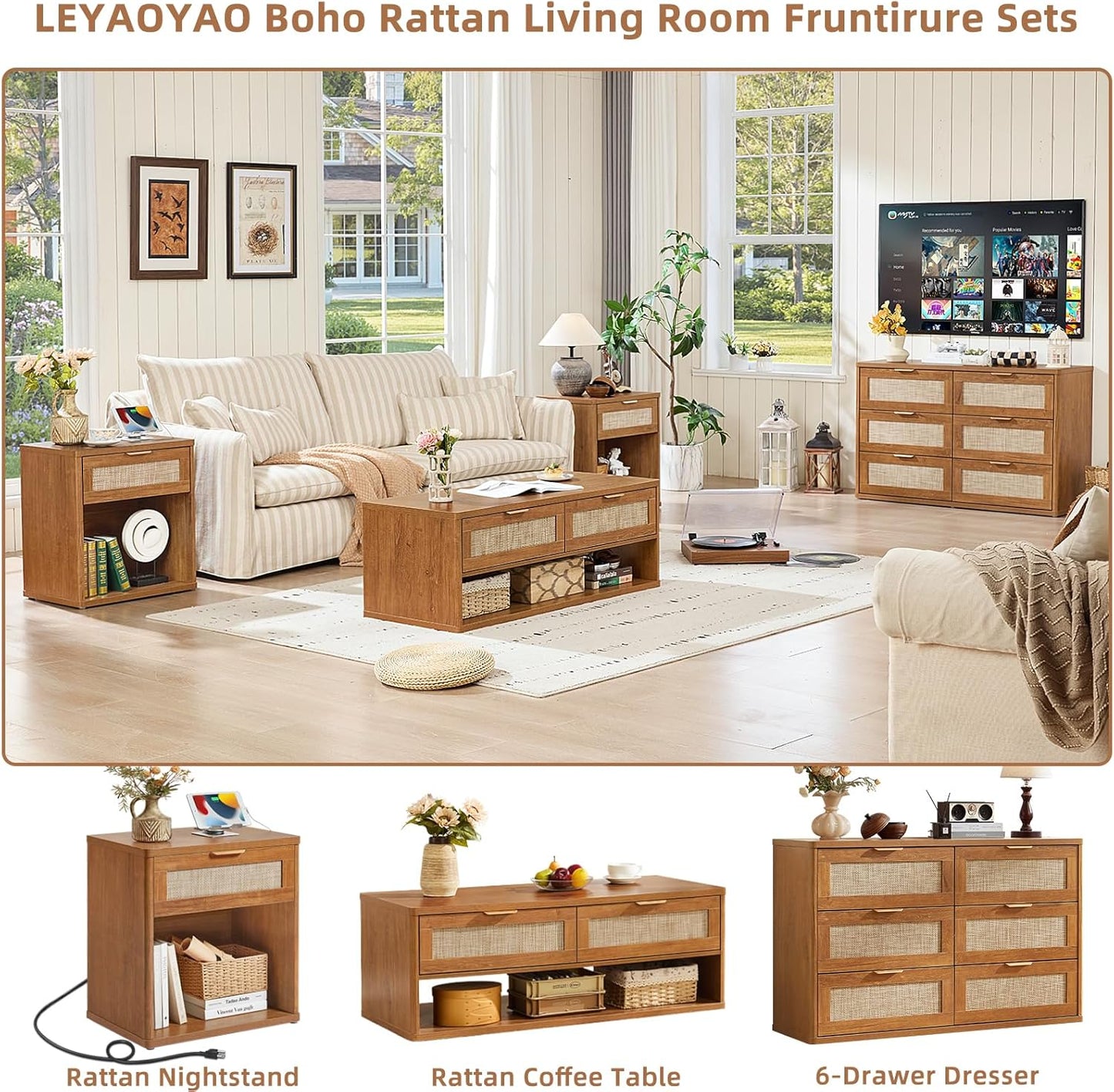 LEYAOYAO Boho Rattan Coffee Table Sets 3 Pieces, Nightstand with Charging Station and Coffee Table with Hidden Storage Compartment, Brown Living Room Table Set, Wood Furniture Sets for Home Office