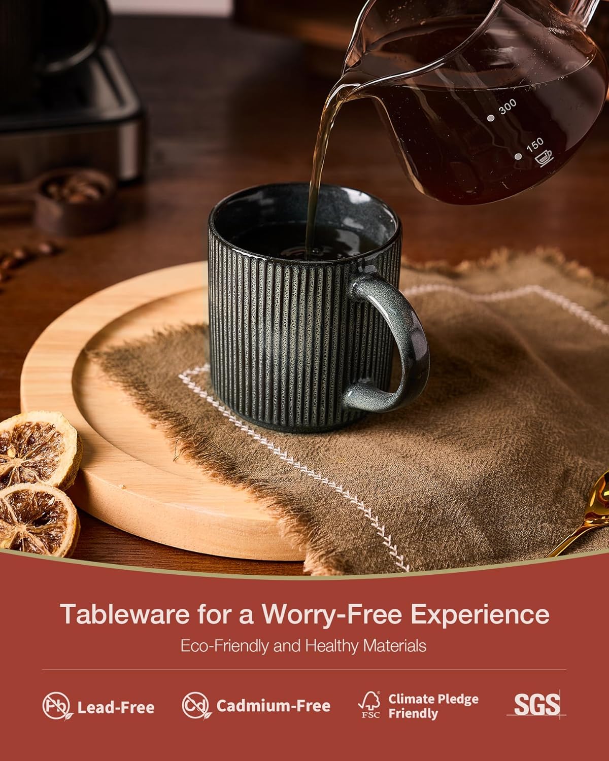 famiware Coffee Mug Set for 6, Star 12 oz Catering Mugs Cup Set with Handle for Coffee, Tea, Cocoa, Milk - Ceramic Stoneware Drinkware Set, Deep Forest