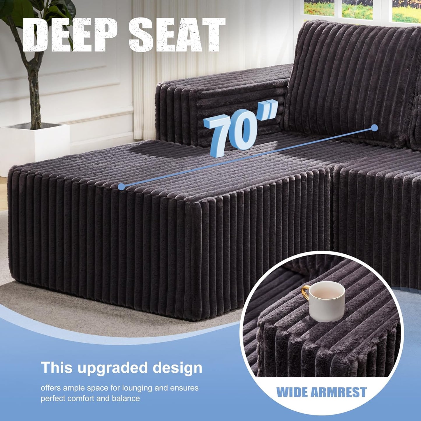 Hobestluk Modular Sectional Sofa Memory Foam Couch Oversized Sectional Sofa 3-Seater with Chaise Cloud Couch with Removable Cover L Shape Sofa for Living Room (Strip Grey, 3-Seater with Chaise)