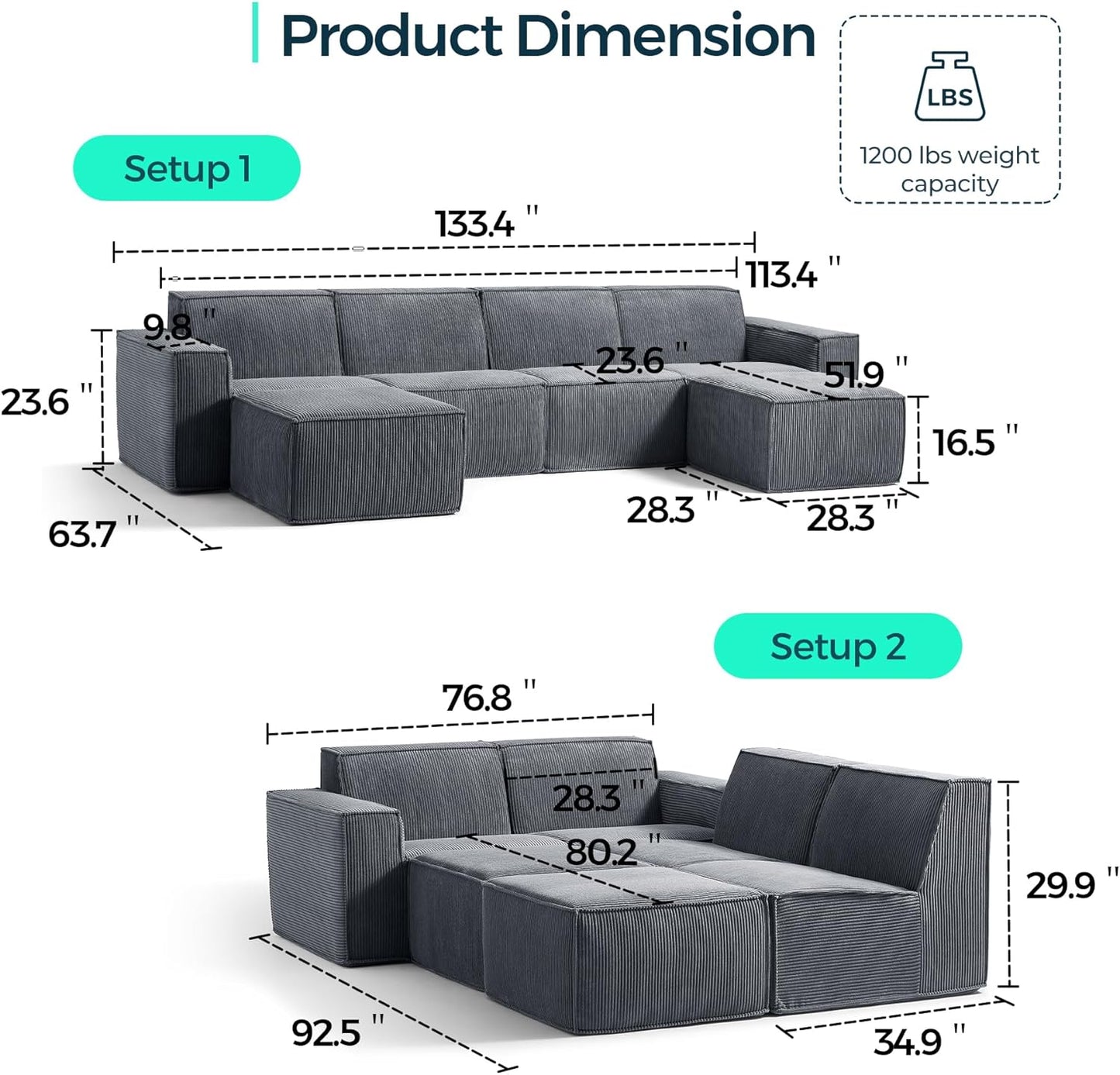 LINSY HOME Modular Sectional Sofa, 134" Boneless Couch U Shaped 4-Seat Sofa with 2 Movable Ottomans, Corduroy Sectional Cloud Couches for Living Room, No Assembly Required, Bluish Grey