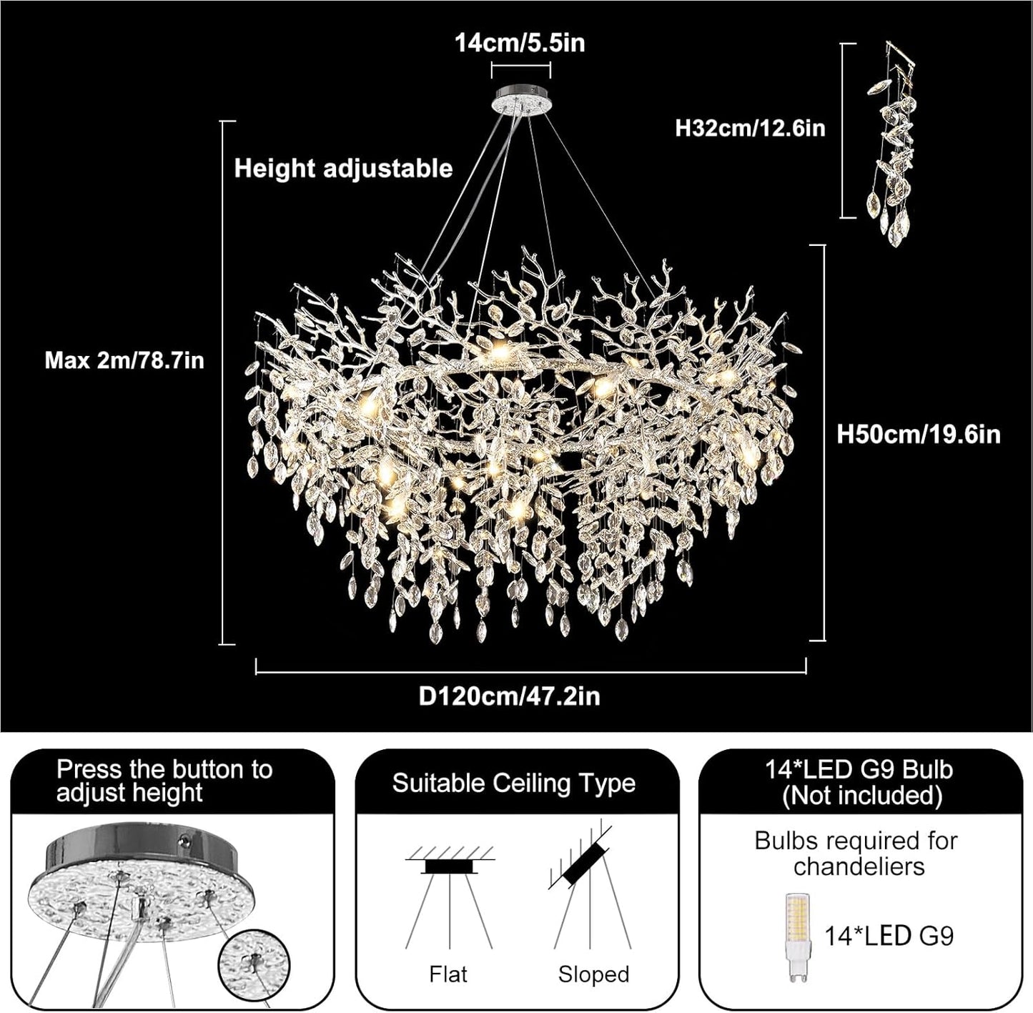 14-Light Modern Living Room Crystal Chandeliers,48" Round Silver Tree Branche Chandelier,Silver K9 Crystal Chandeliers for Dining Room,High Ceiling,Entryway、Foyer