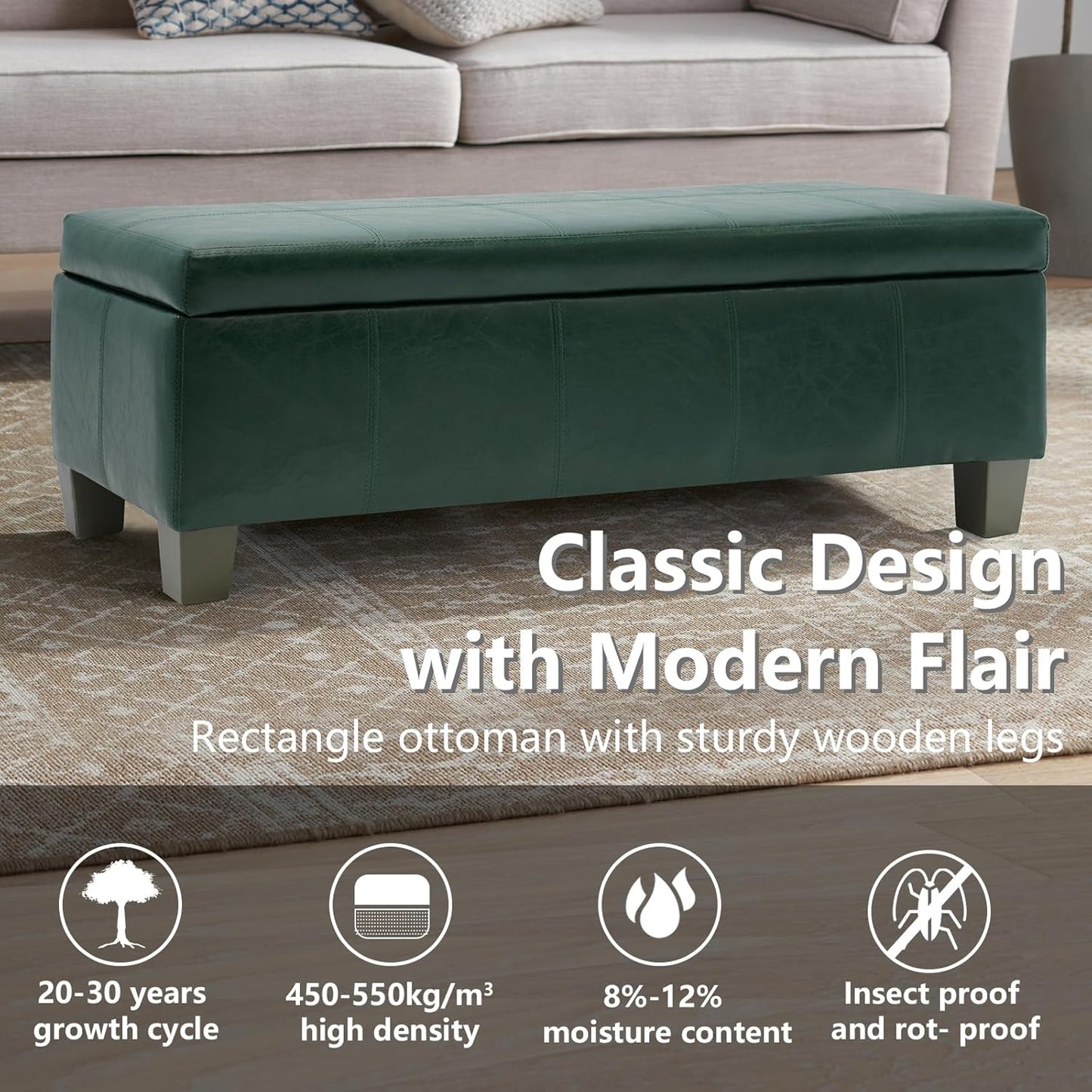 Green Faux Leather Ottoman with Storage, Rectangular Extra Long Storage Bench for Bedroom and Living Room