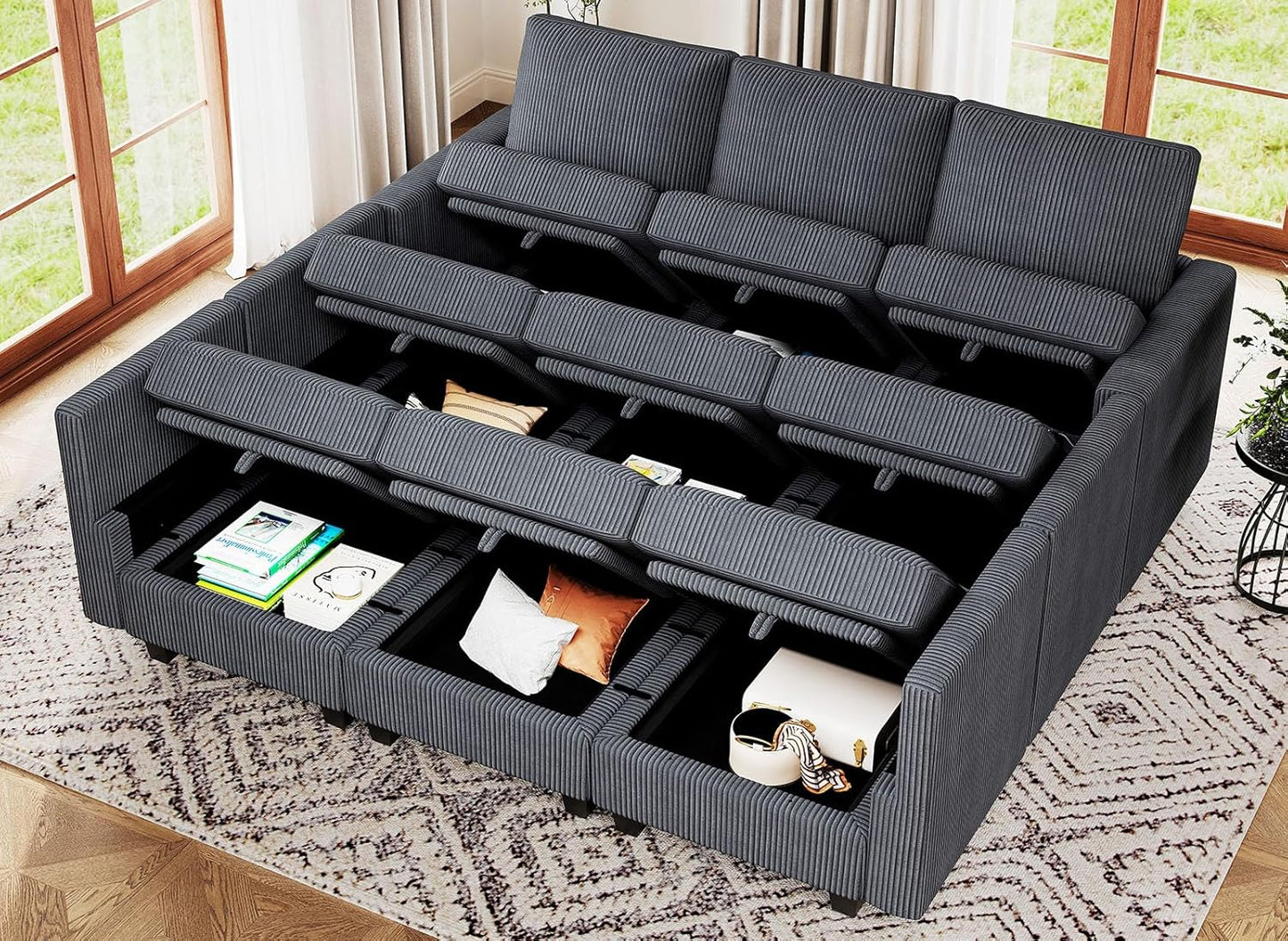 Belffin Corduroy Modular Sectional Sofa 9 Seat Convertible Sectional Sleeper Sofa Bed with Storage Ottomans Modular Sectional Couch Bed for Living Room Dark Grey